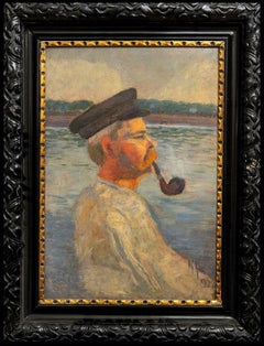 Antique Man with Pipe - 19th Century French Post Impressionist Smoking Portrait Painting
