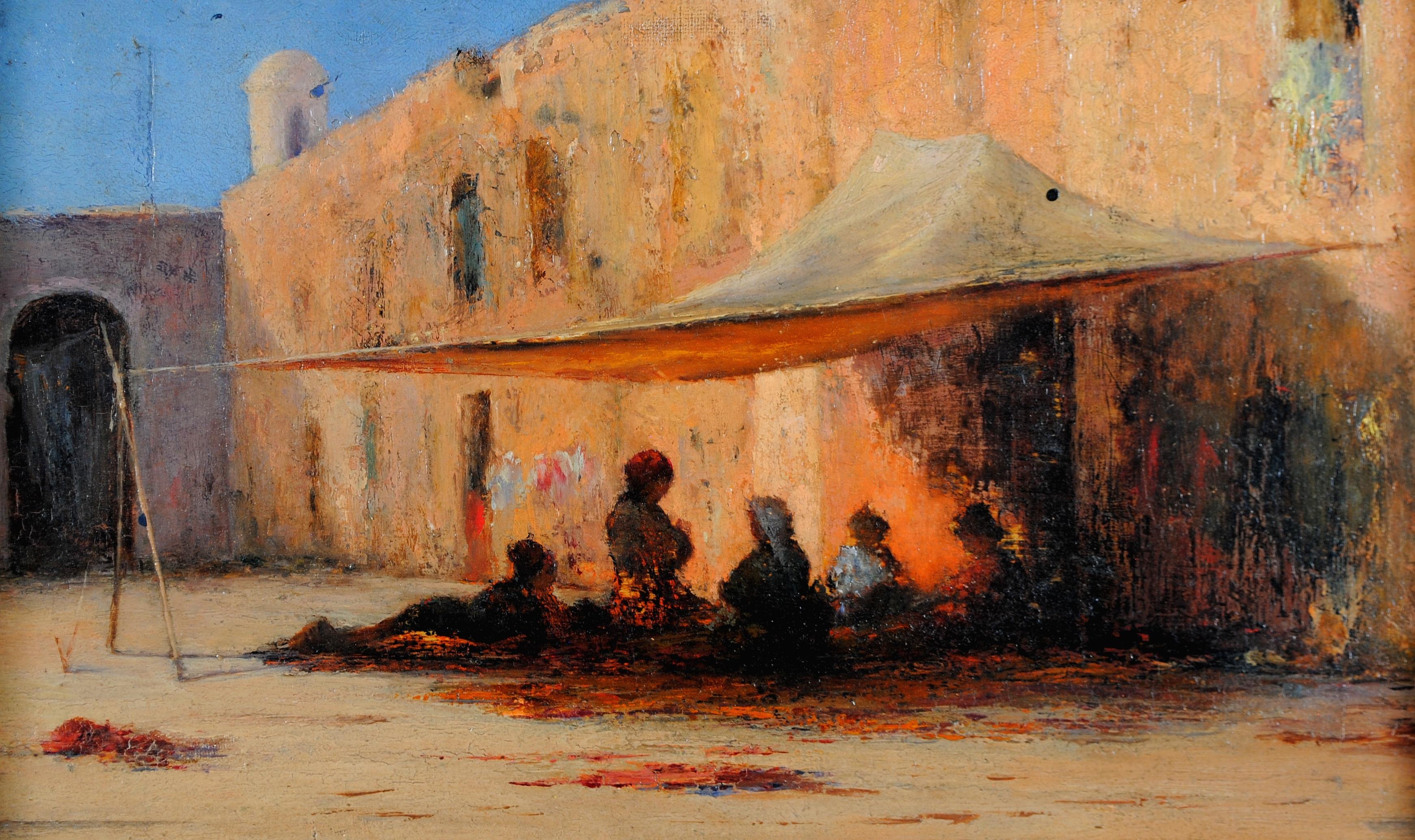 North African Street - 19th Century Antique French Orientalist Oil Painting - Brown Landscape Painting by 19th Century French School