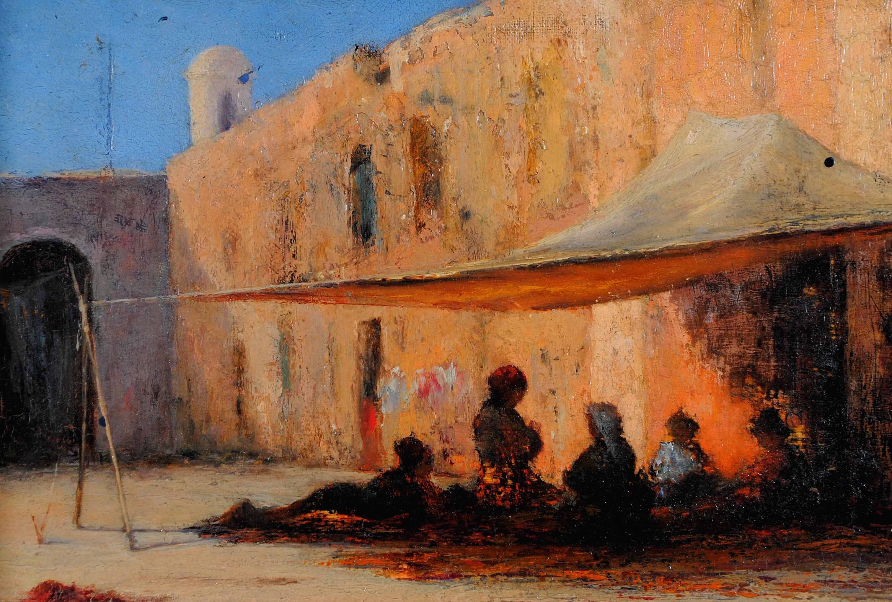 North African Street - 19th Century Antique French Orientalist Oil Painting For Sale 1