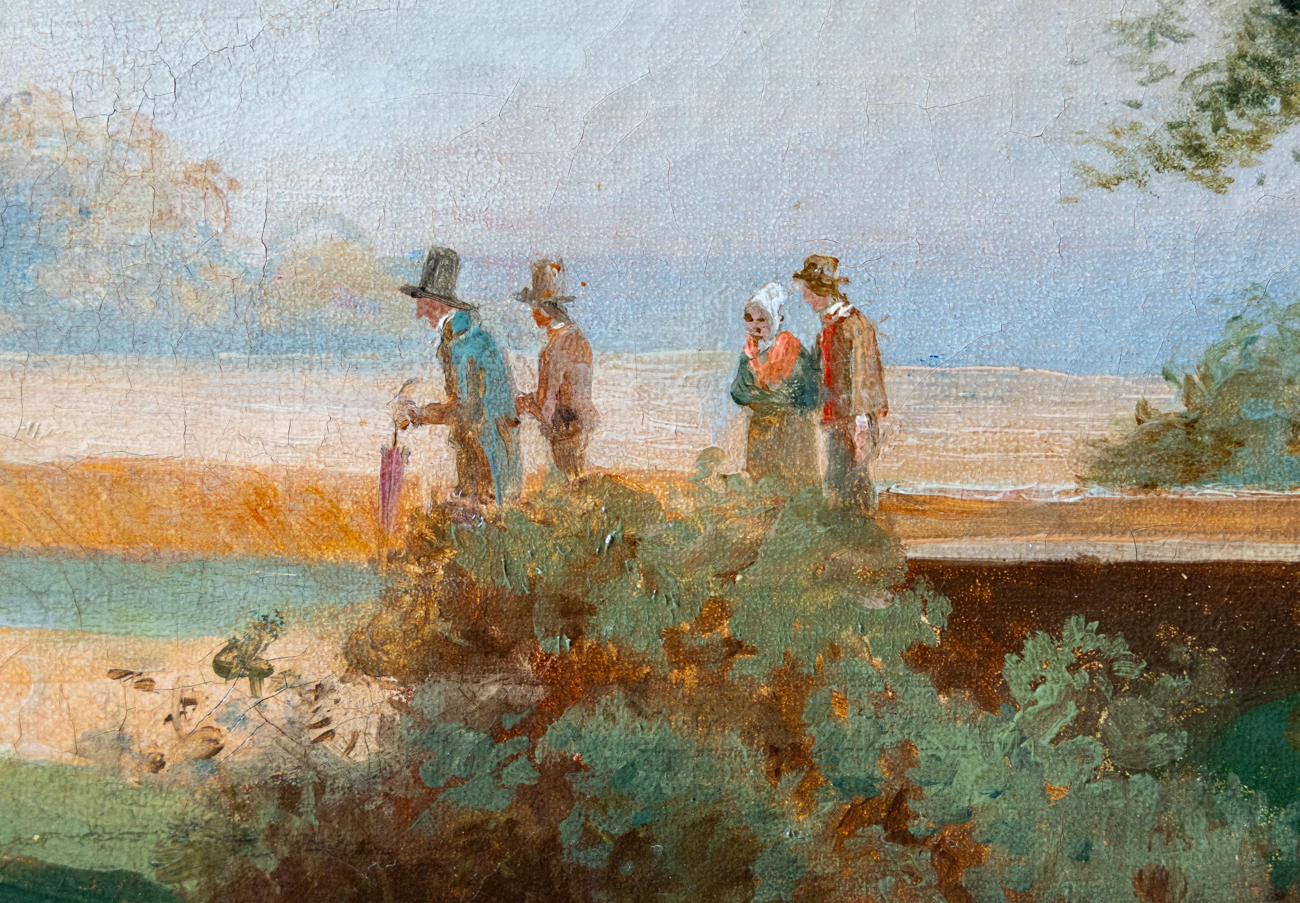 Paroissiens sur le chemin de l'église, École française, 19e siècle - Painting de 19th Century French School