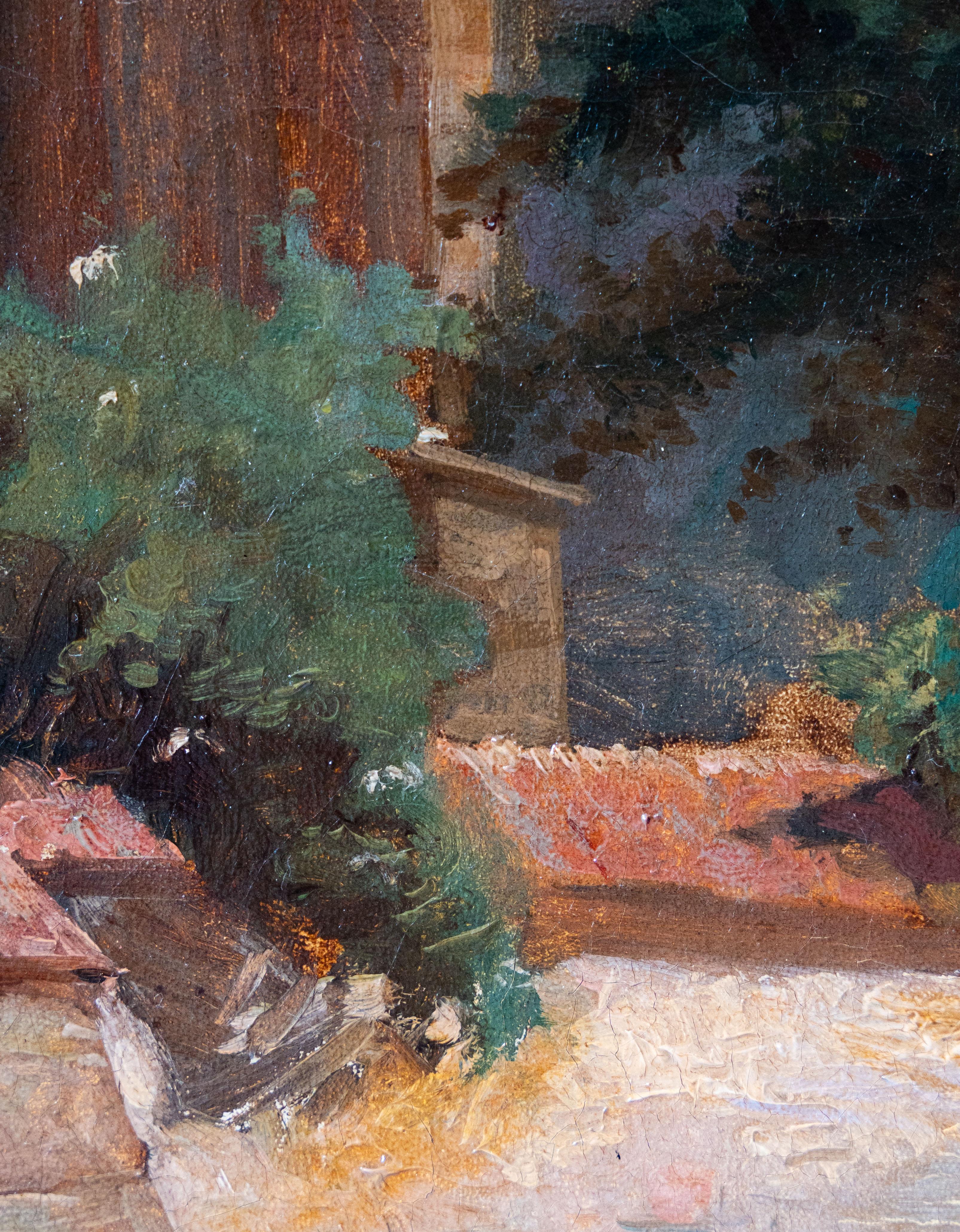 Paroissiens sur le chemin de l'église, École française, 19e siècle - Marron Landscape Painting par 19th Century French School