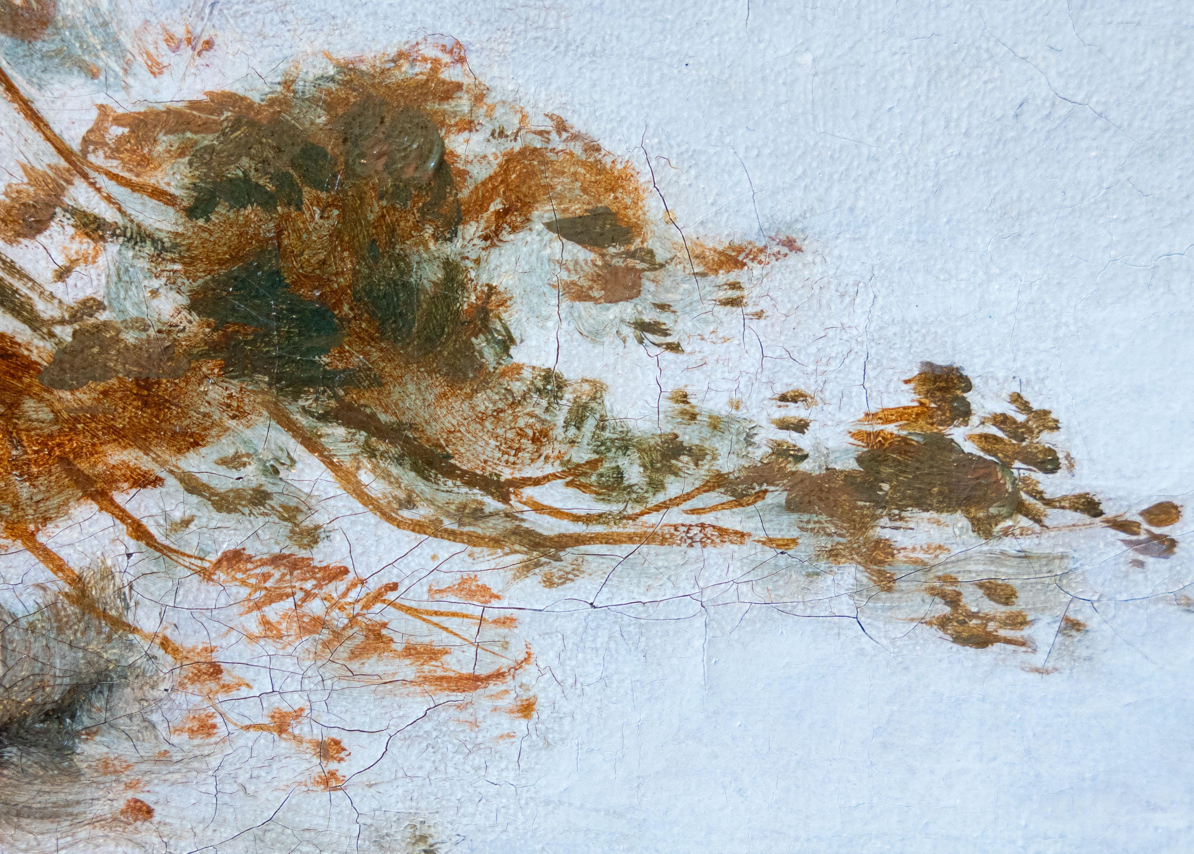 Cette charmante peinture française du XIXe siècle représente un petit groupe de paroissiens marchant vers l'église de leur village, capturant un moment tranquille de la vie rurale. Des hommes, des femmes et des enfants, vêtus de modestes habits du