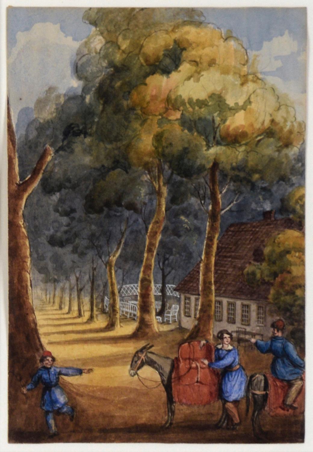 Paire de paysages européens détaillés, aquarelle et gouache sur papier - École française Painting par 19th Century French School