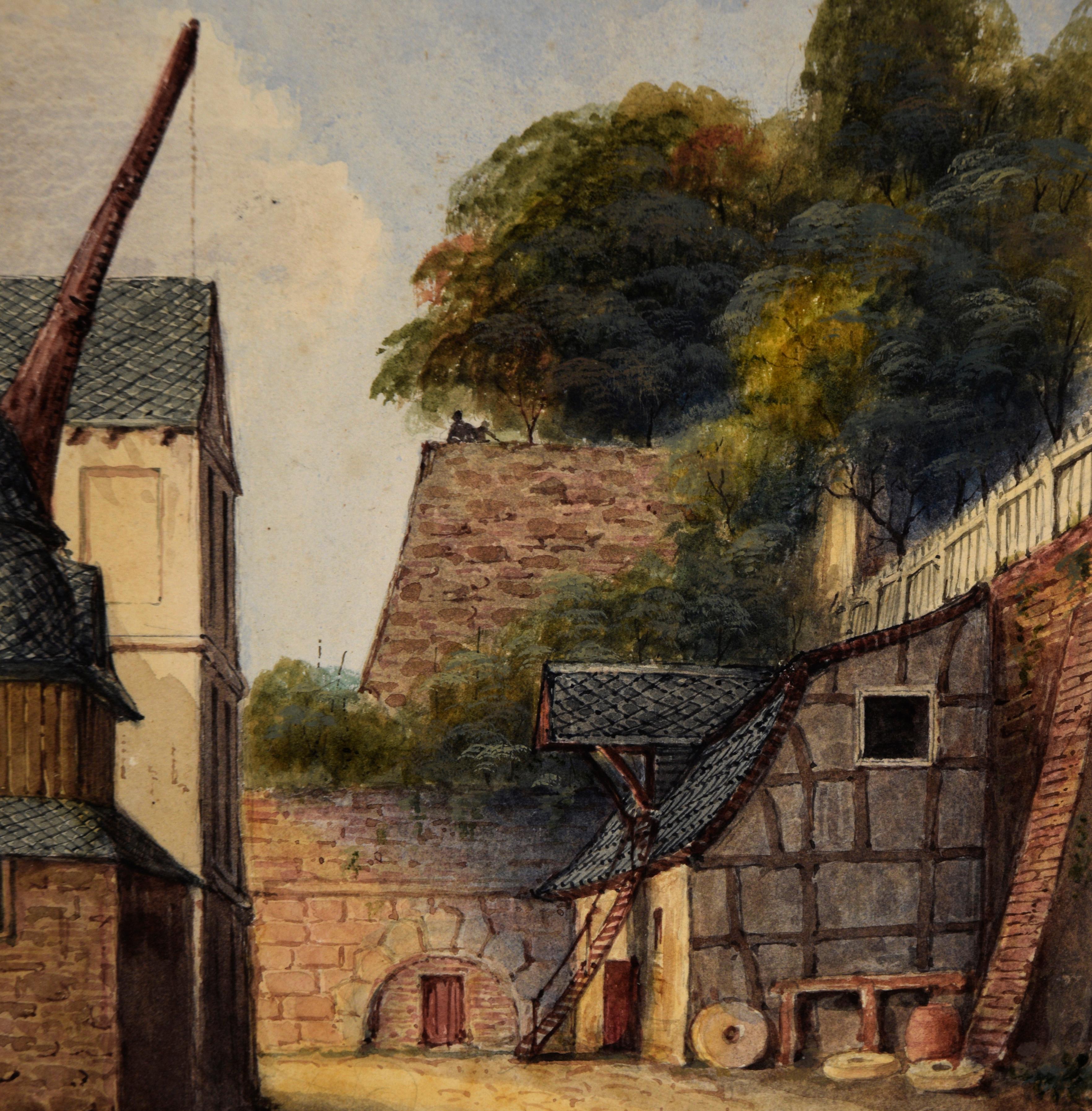 Paire de paysages européens détaillés, aquarelle et gouache sur papier - Beige Figurative Painting par 19th Century French School