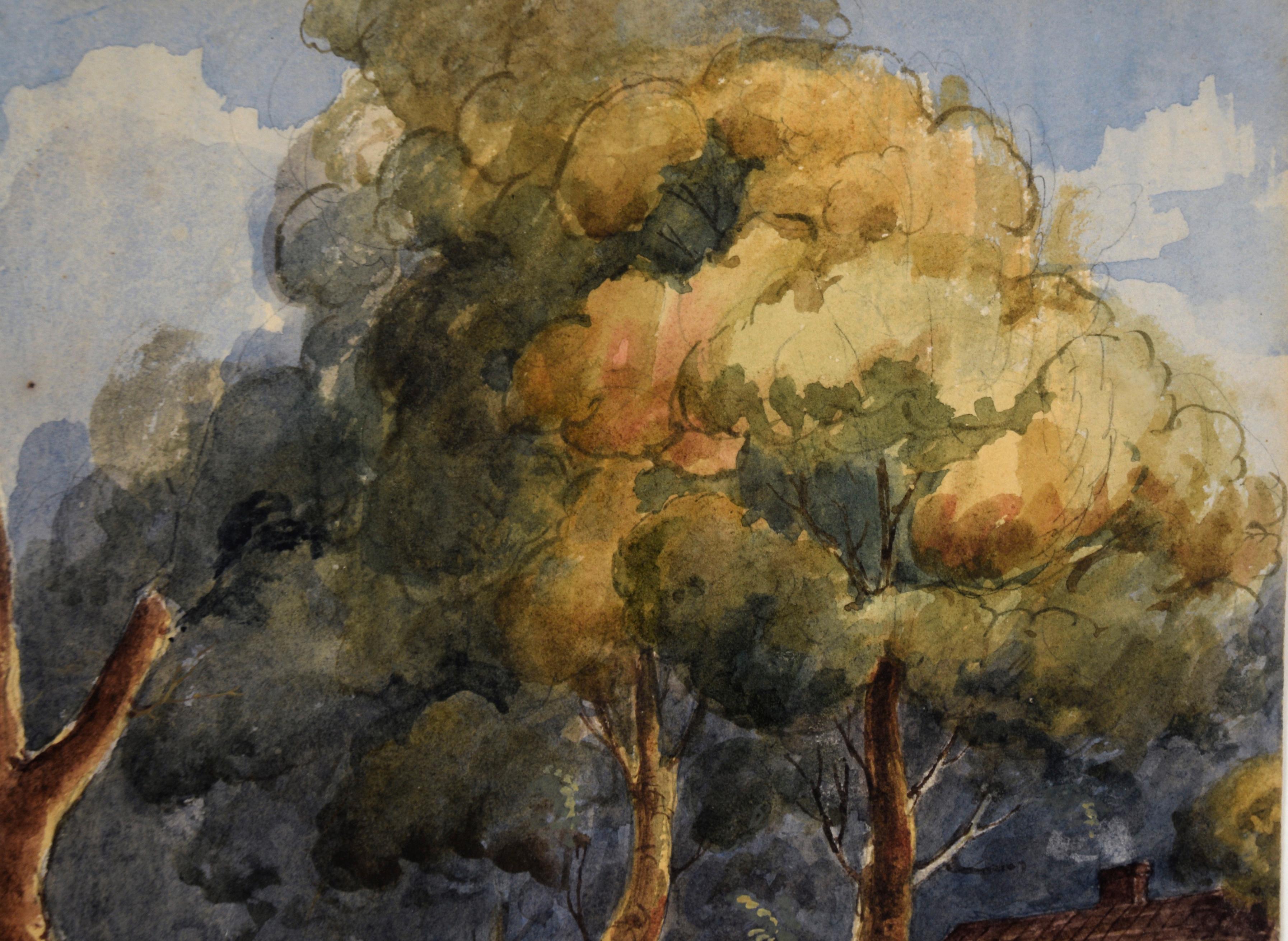 Paire de paysages européens détaillés, aquarelle et gouache sur papier en vente 1