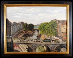 Paris, Pont au Change - 19th Century French Naif Naive City Antique Oil Painting