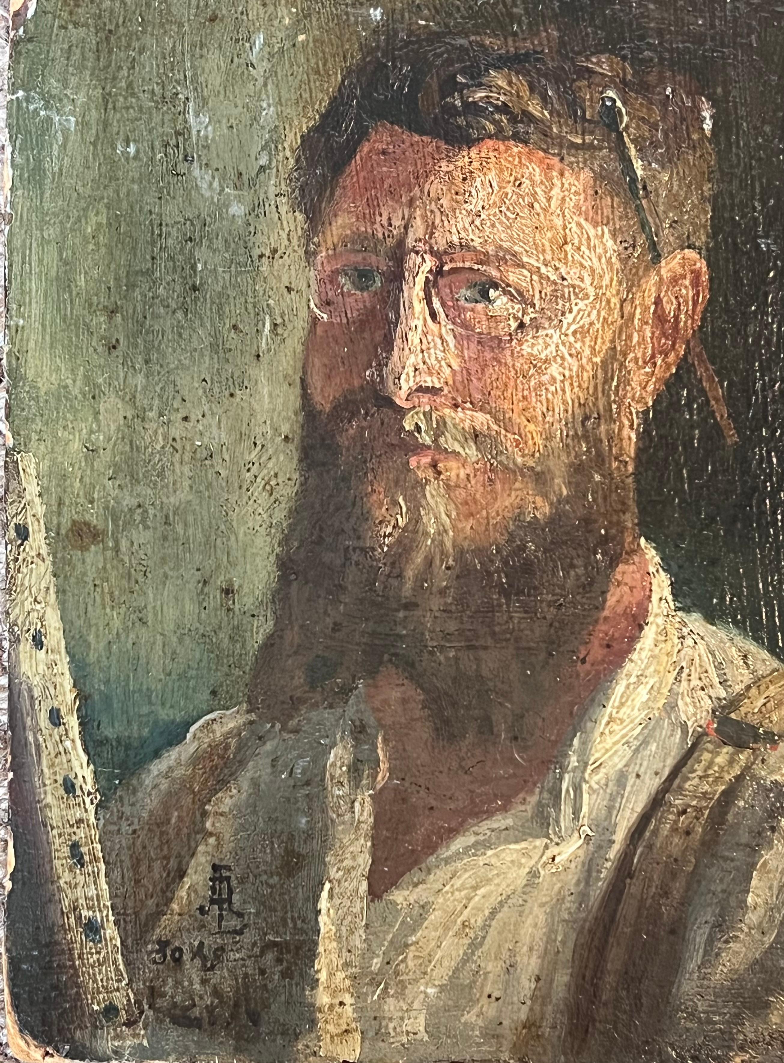Self Portrait Artist at his Easel 19th Century French Impressionist Oil Painting - Brown Figurative Painting by 19th Century French School