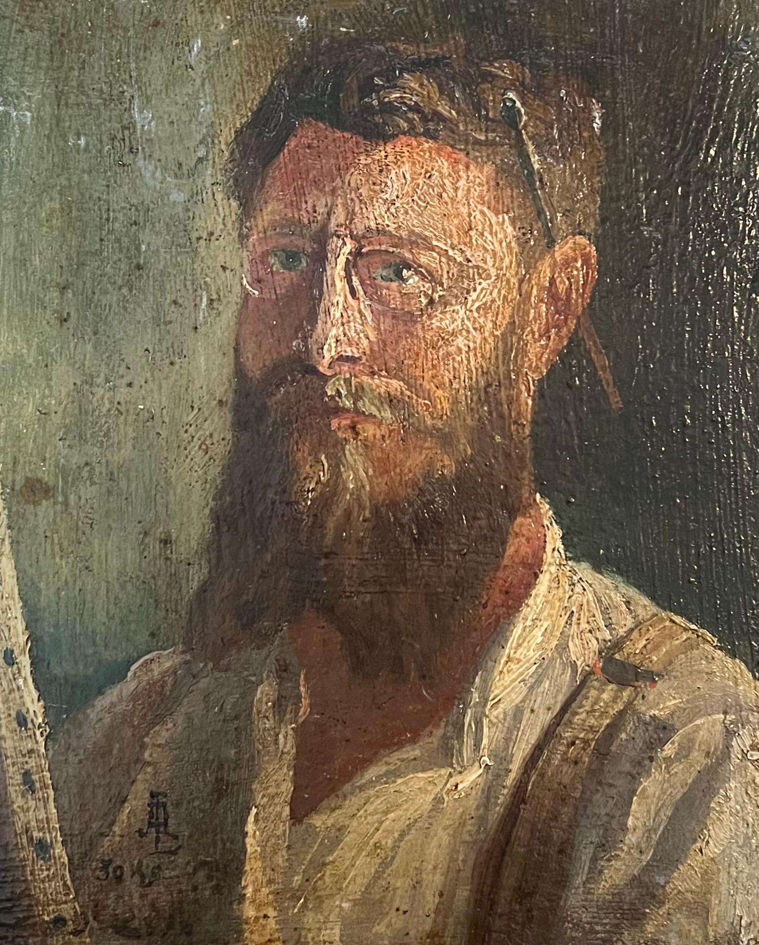 19th Century French School Figurative Painting - Self Portrait Artist at his Easel 19th Century French Impressionist Oil Painting