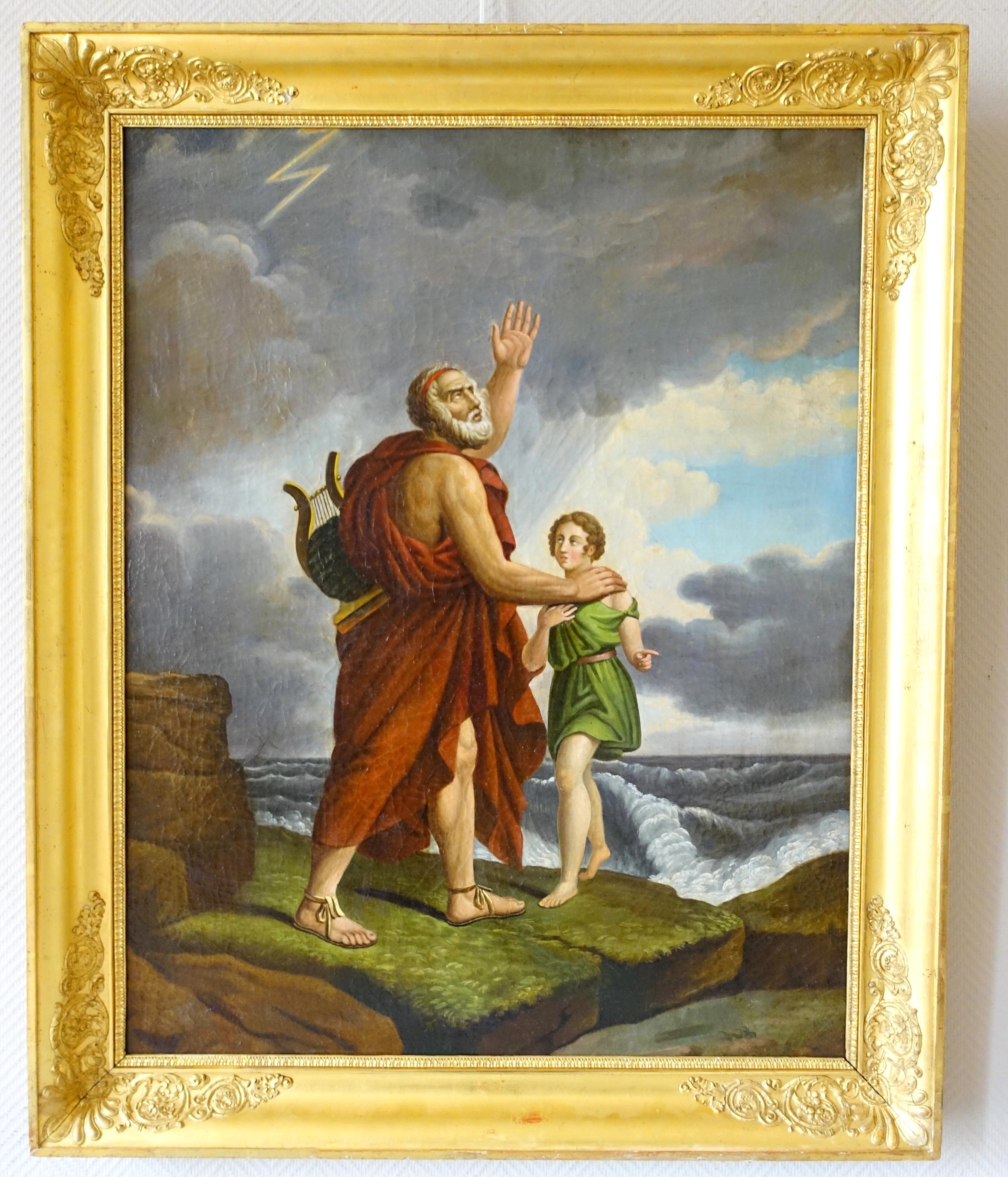 École française du début du XIXe siècle représentant le poète Homer et la fille de Glaucos d'après l'œuvre de François Gerard, huile sur toile vers 1815 - 1820.
La peinture dépeint l'époque où Homer a été abandonné sur l'île de Chios et trouvé par