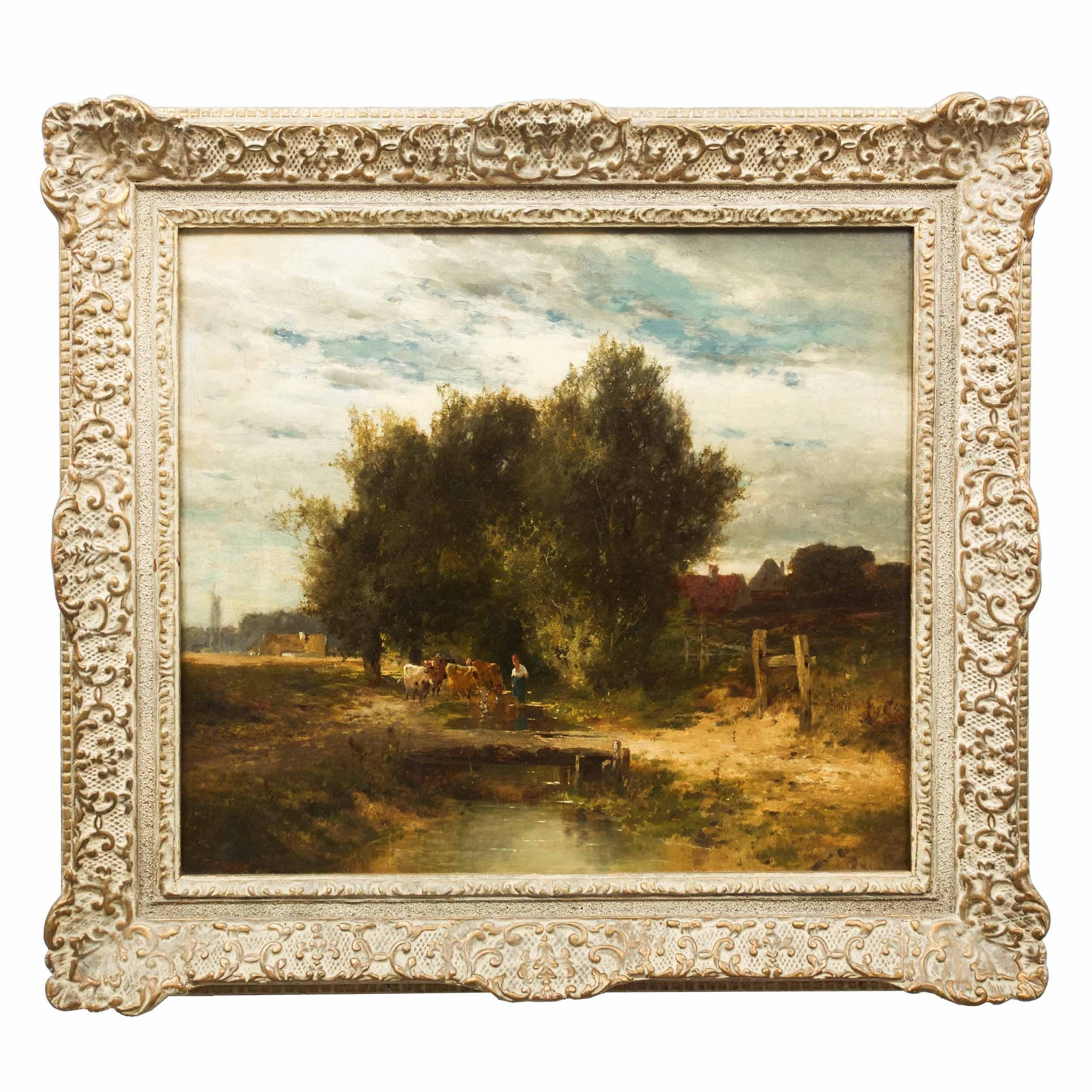 A lovely Barbizon painting from the 19th century, it captures a young woman as she leads a group of cattle to the brook outside of town under the shade of a collection of trees. The scene is complex with a fine use of the full range of colors to