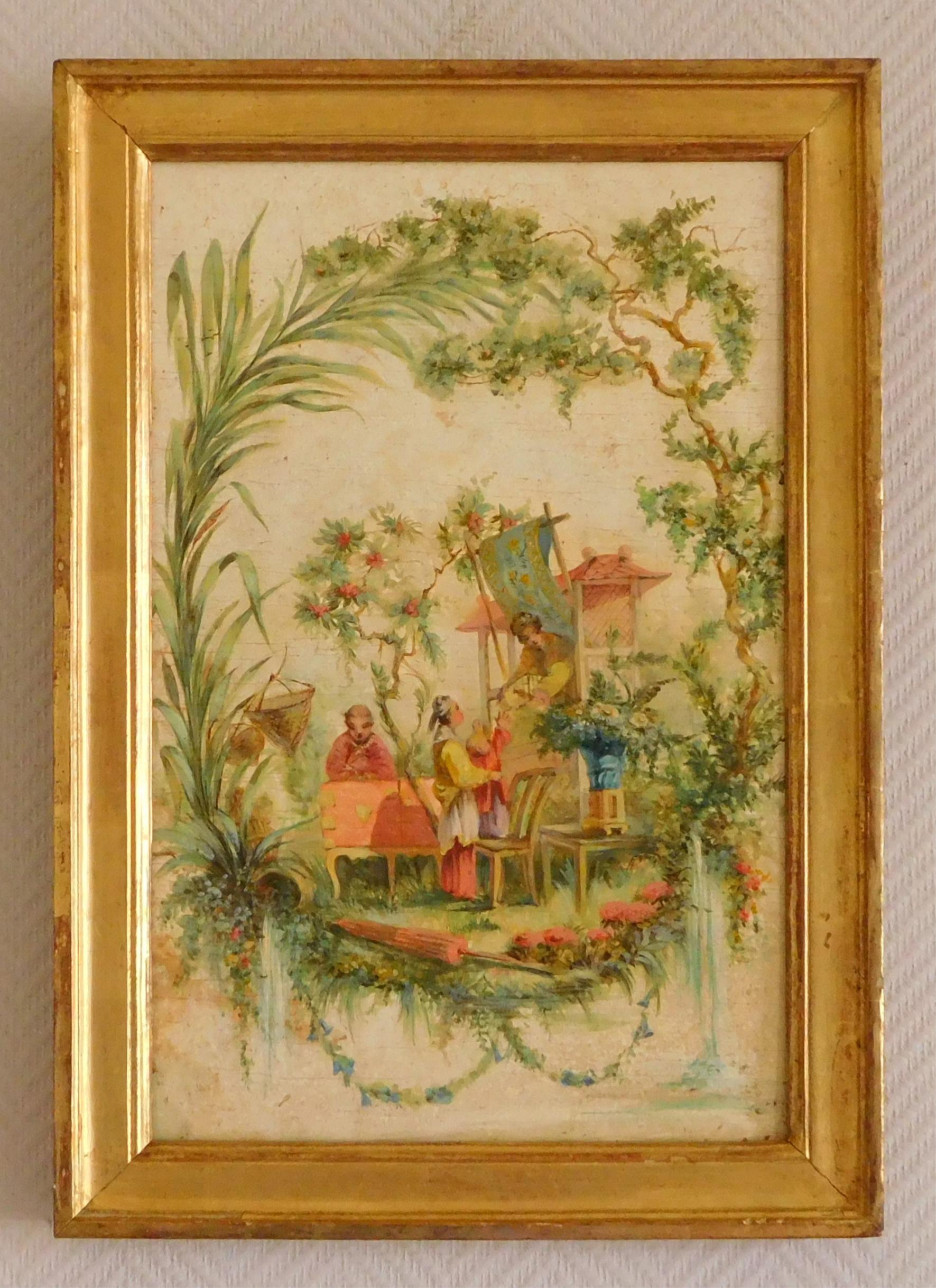 Late 18th century or early 19th century French school circa 1800, Louis XV style oil on panel picturing Chinese people in an ideal garden with a pagoda, a harpsichord : a beautiful 18th century style chinoiserie, showing an idyllic vision of China