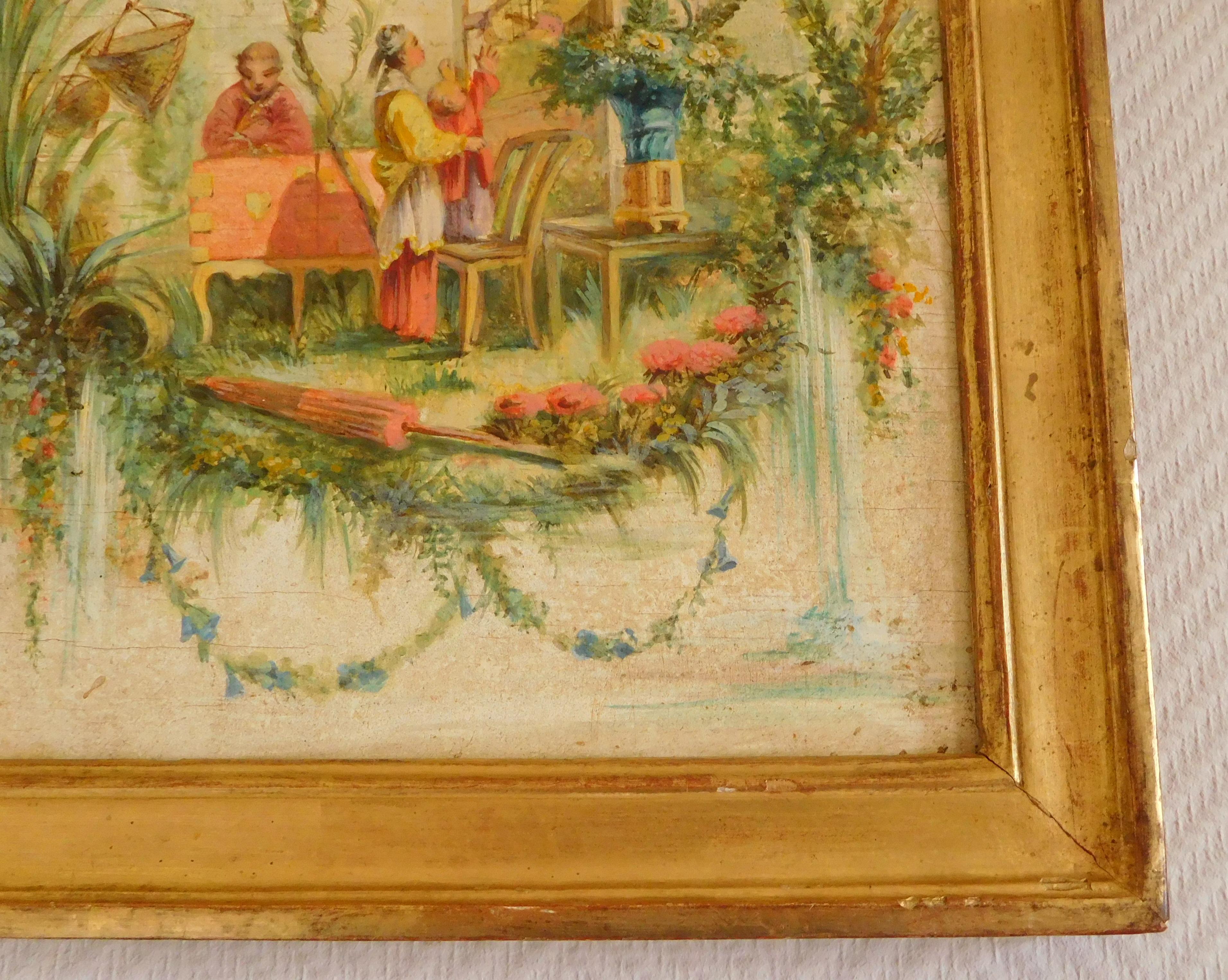 Chinoiserie 19th century French school, oil on panel painting in the spirit of Pillement For Sale