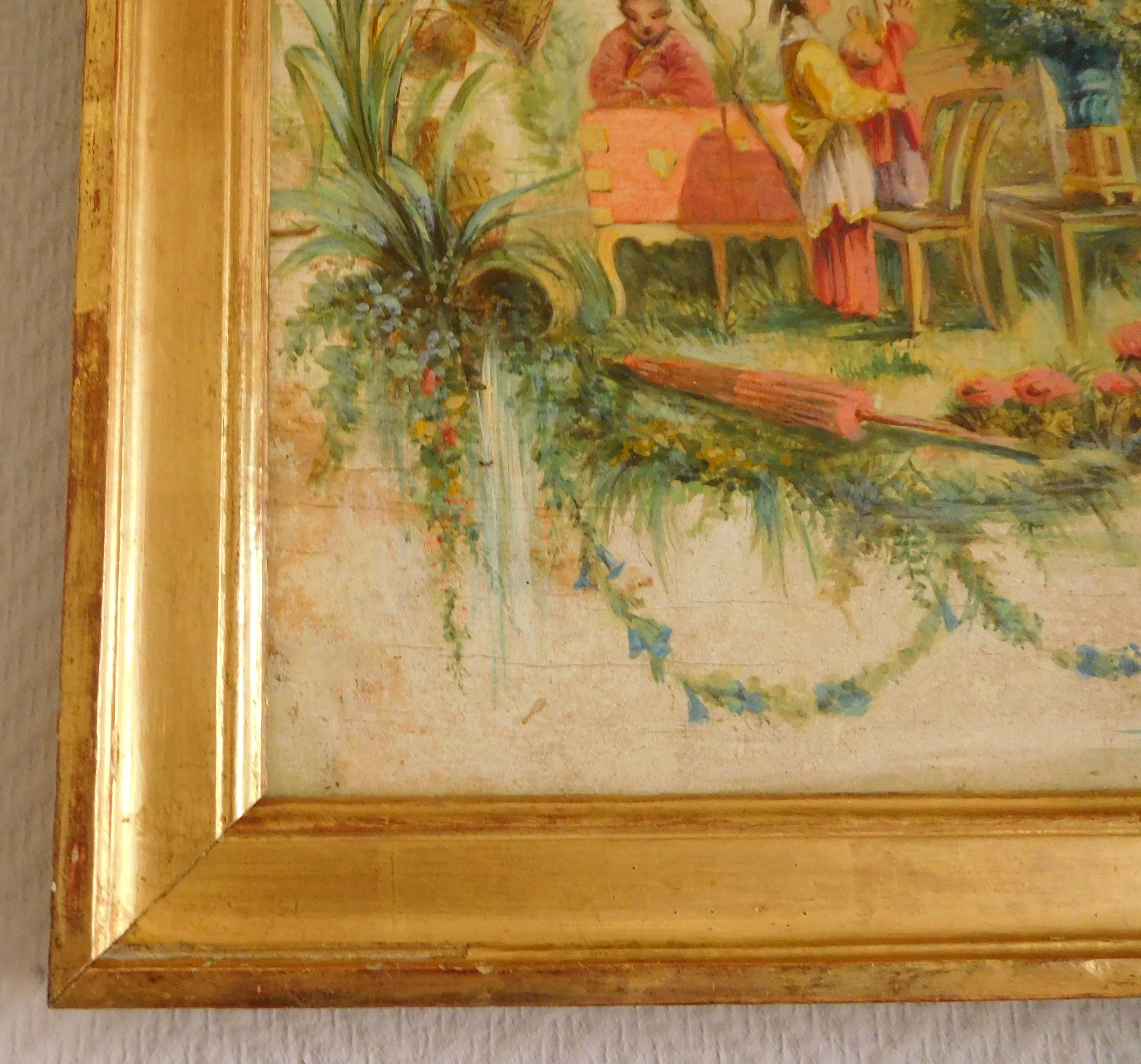 Gilt 19th century French school, oil on panel painting in the spirit of Pillement For Sale