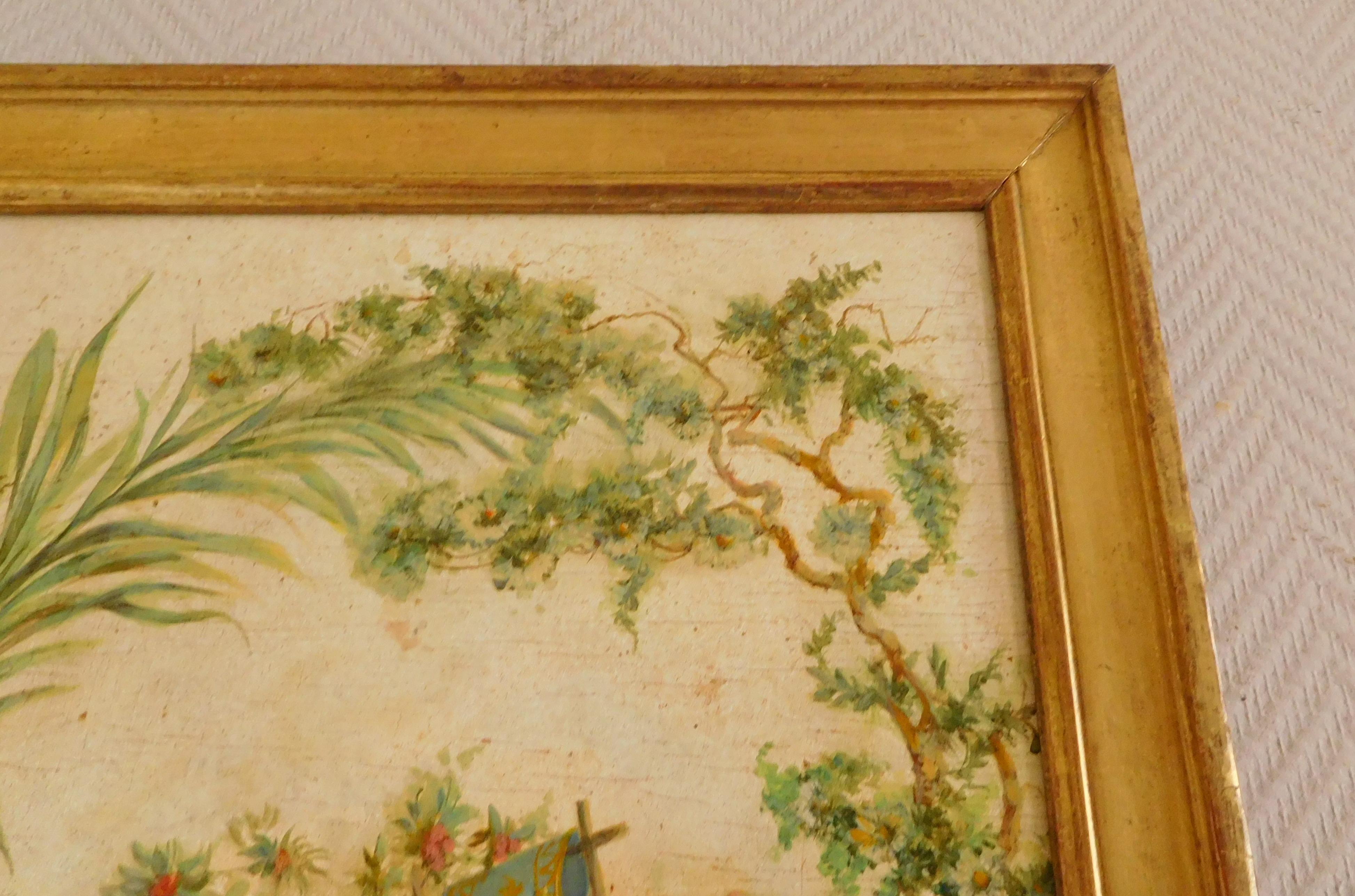 École française du XIXe siècle, peinture à l'huile sur panneau dans l'esprit de Pillement. Bon état - En vente à GRENOBLE, FR