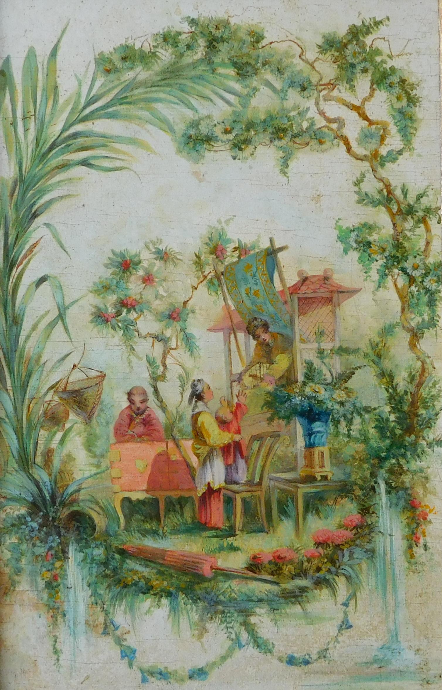 Bois École française du XIXe siècle, peinture à l'huile sur panneau dans l'esprit de Pillement. en vente