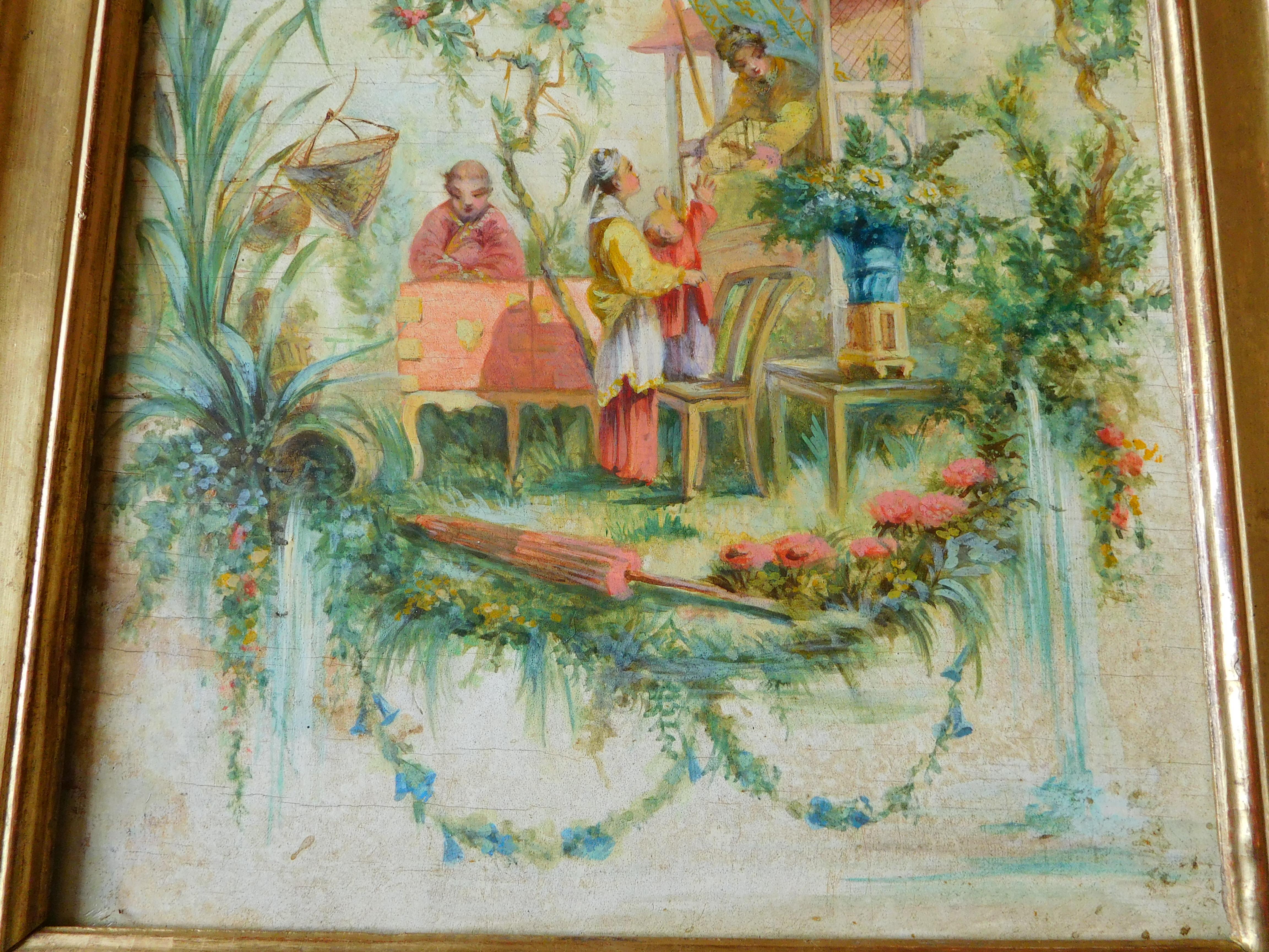 19th century French school, oil on panel painting in the spirit of Pillement For Sale 1
