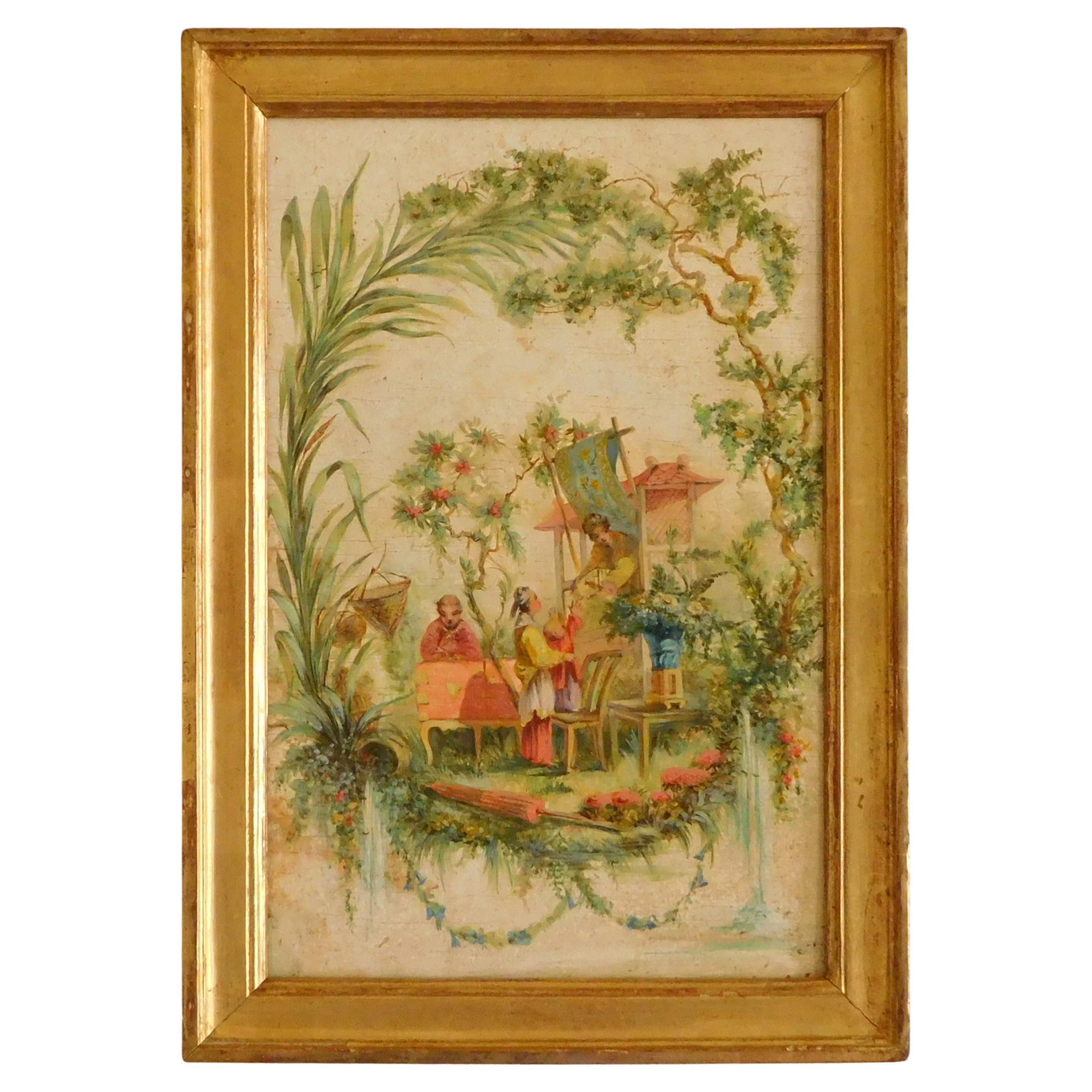 19th century French school, oil on panel painting in the spirit of Pillement For Sale