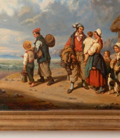 19th Century French School Painting, Figures on a Shore by a Thatched Dwelling