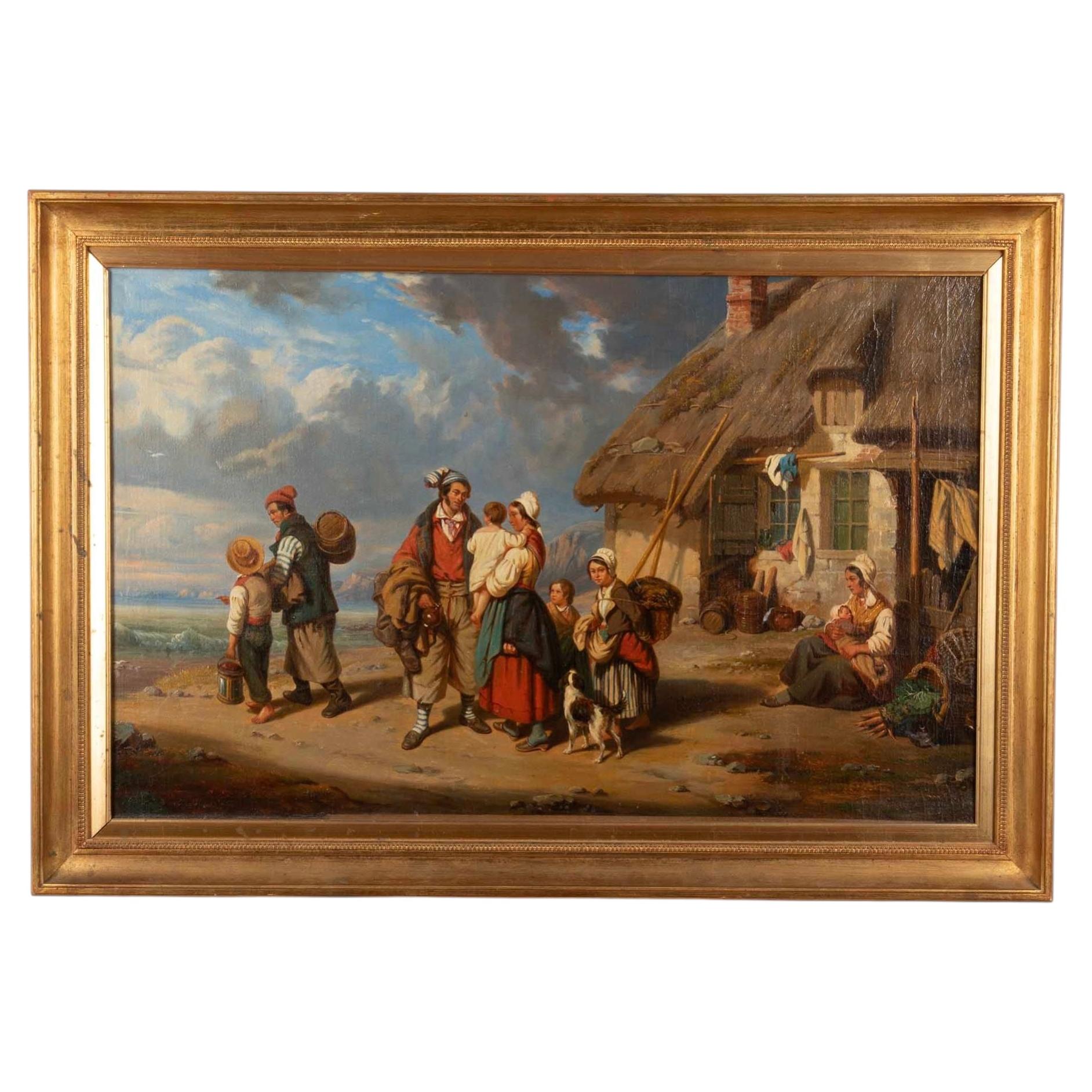 19th Century French School Painting, Figures on a Shore by a Thatched Dwelling For Sale