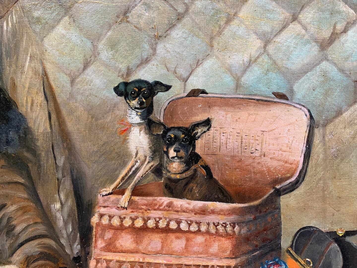 19th century Antique French school portrait of two dogs playing in a box - Painting by 19th century French School