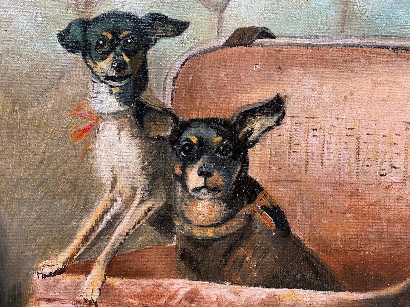 19th century Antique French school portrait of two dogs playing in a box - Victorian Painting by 19th century French School