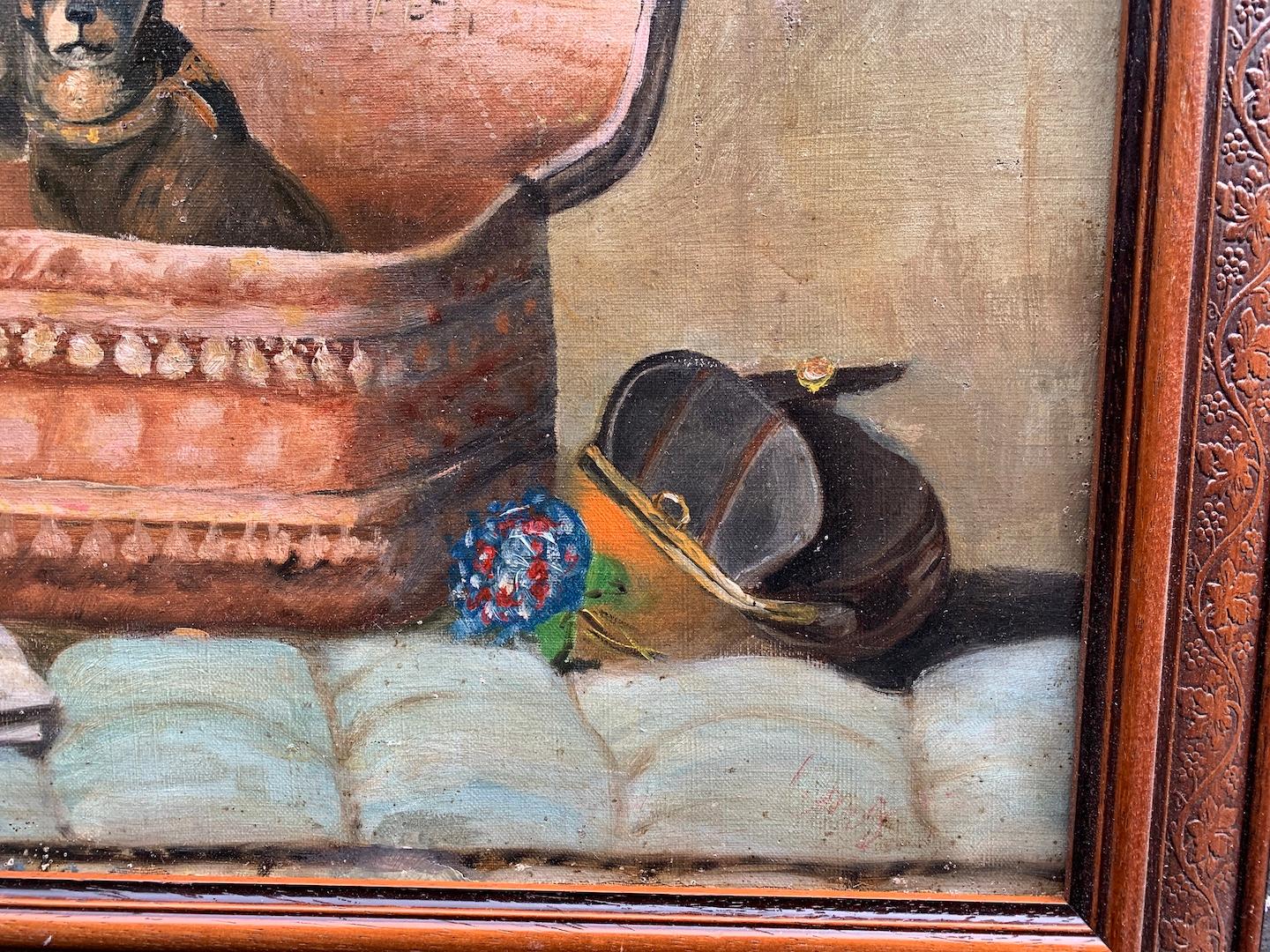 XIX secolo Antique French ritratto di scuola di due cani che giocano in una scatola 1