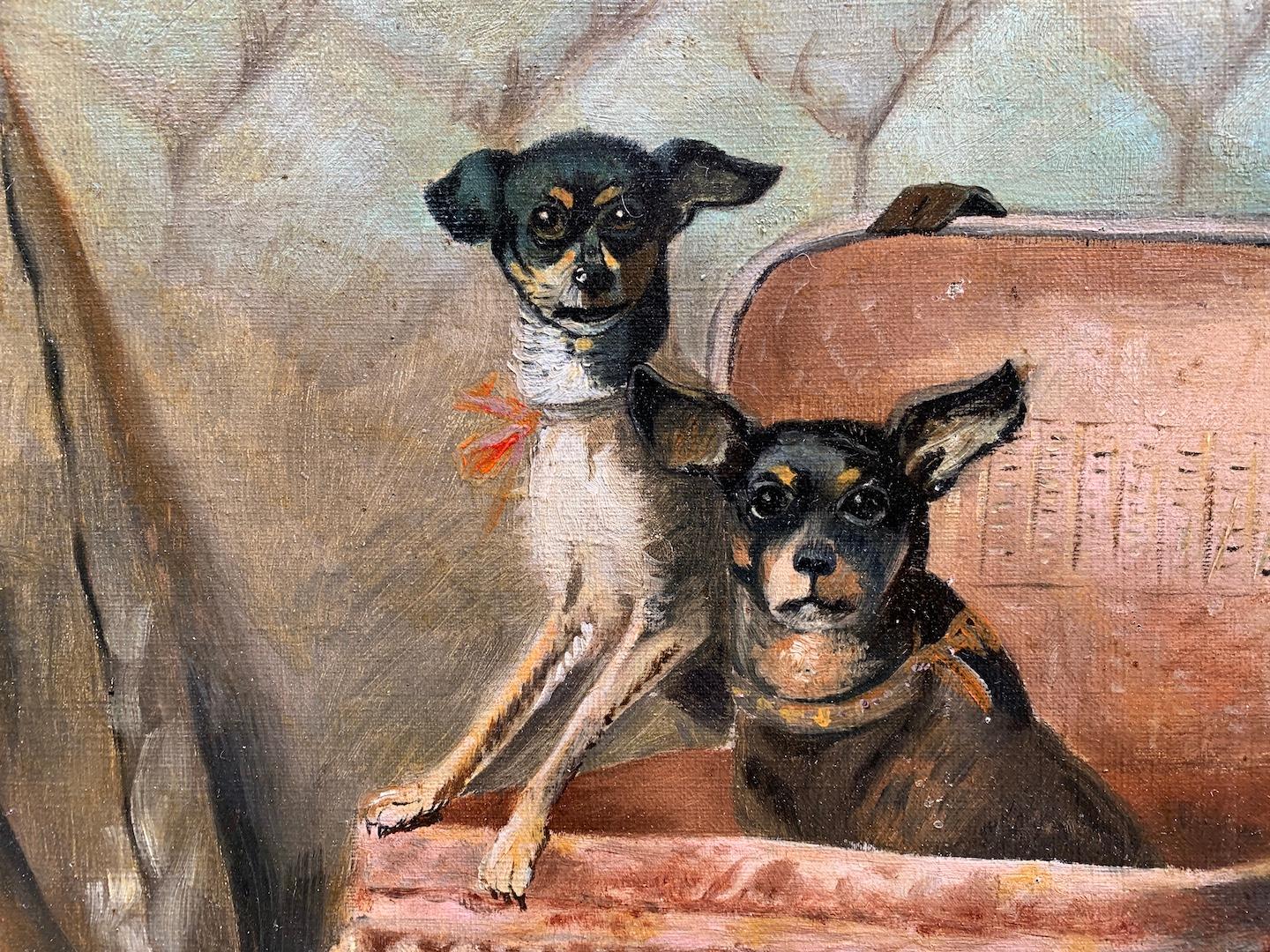 XIX secolo Antique French ritratto di scuola di due cani che giocano in una scatola 3