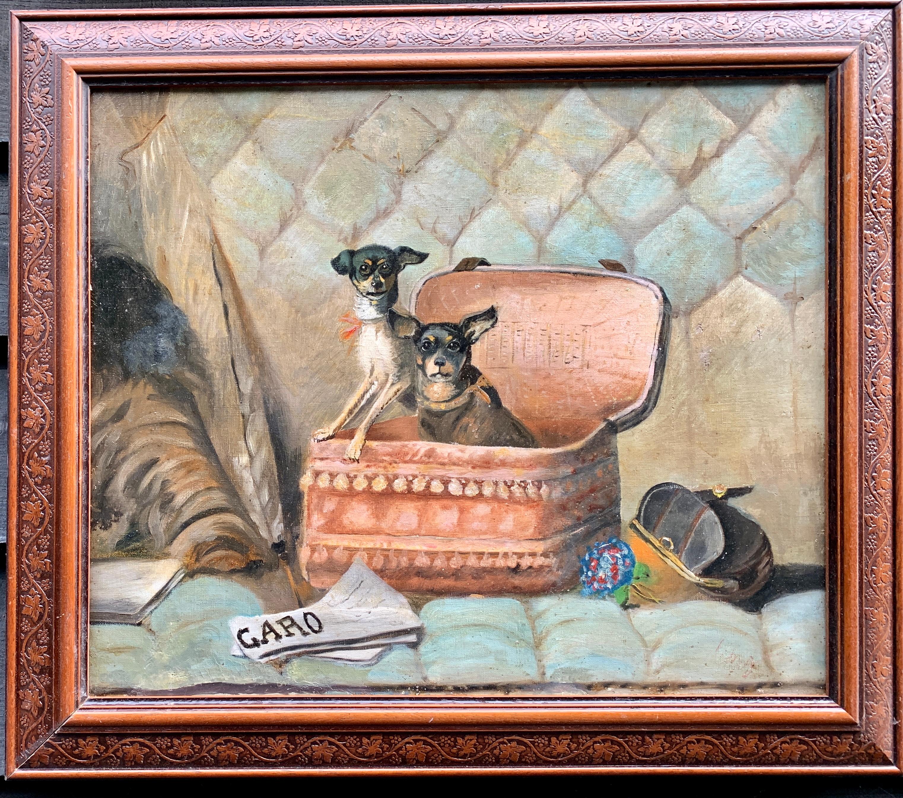 19th century French School Interior Painting - 19th century Antique French school portrait of two dogs playing in a box