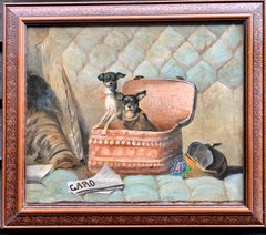 19th century Antique French school portrait of two dogs playing in a box