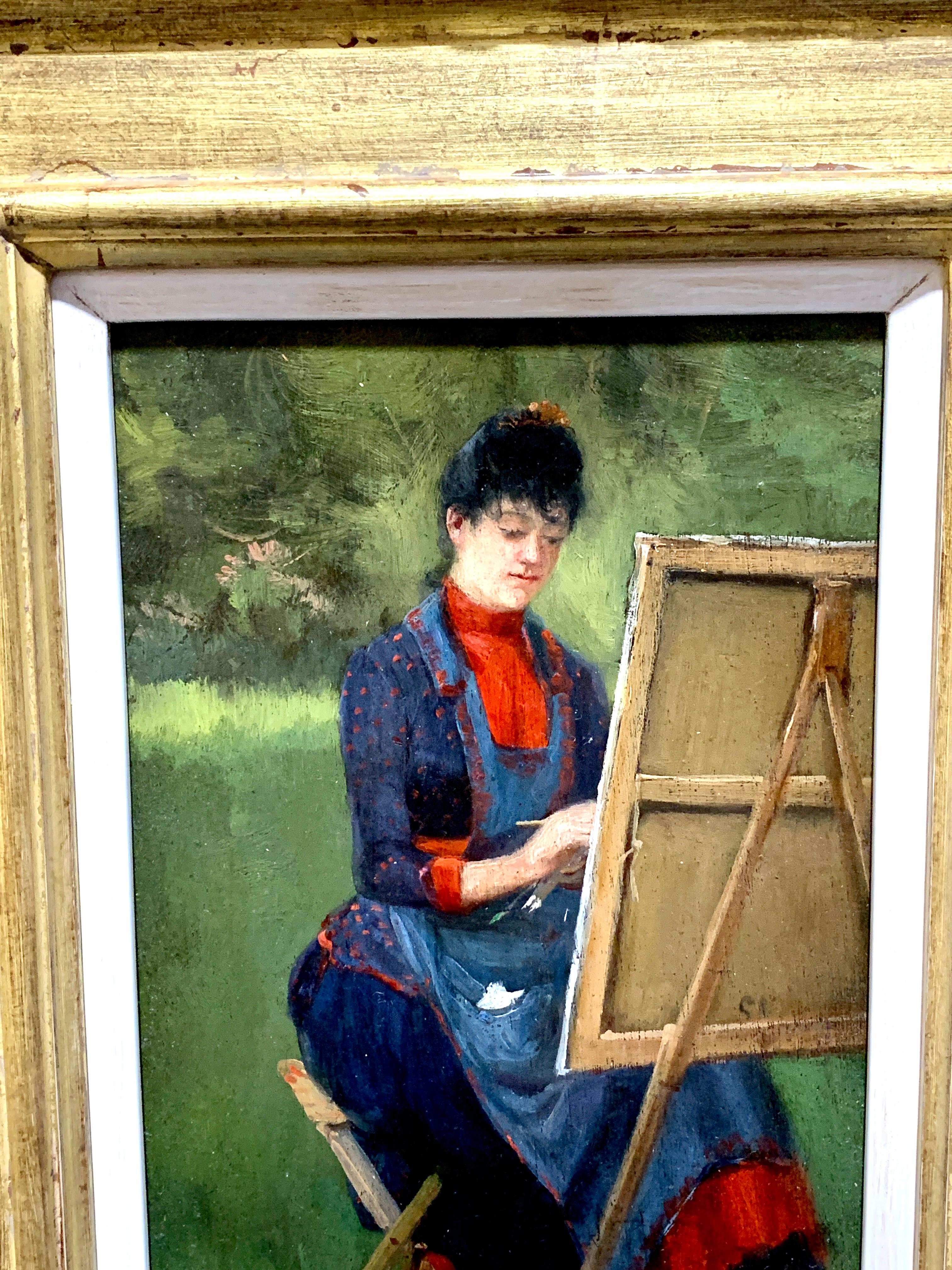 Study of a Woman artist painting by her easel in a landscape - Painting by Unknown