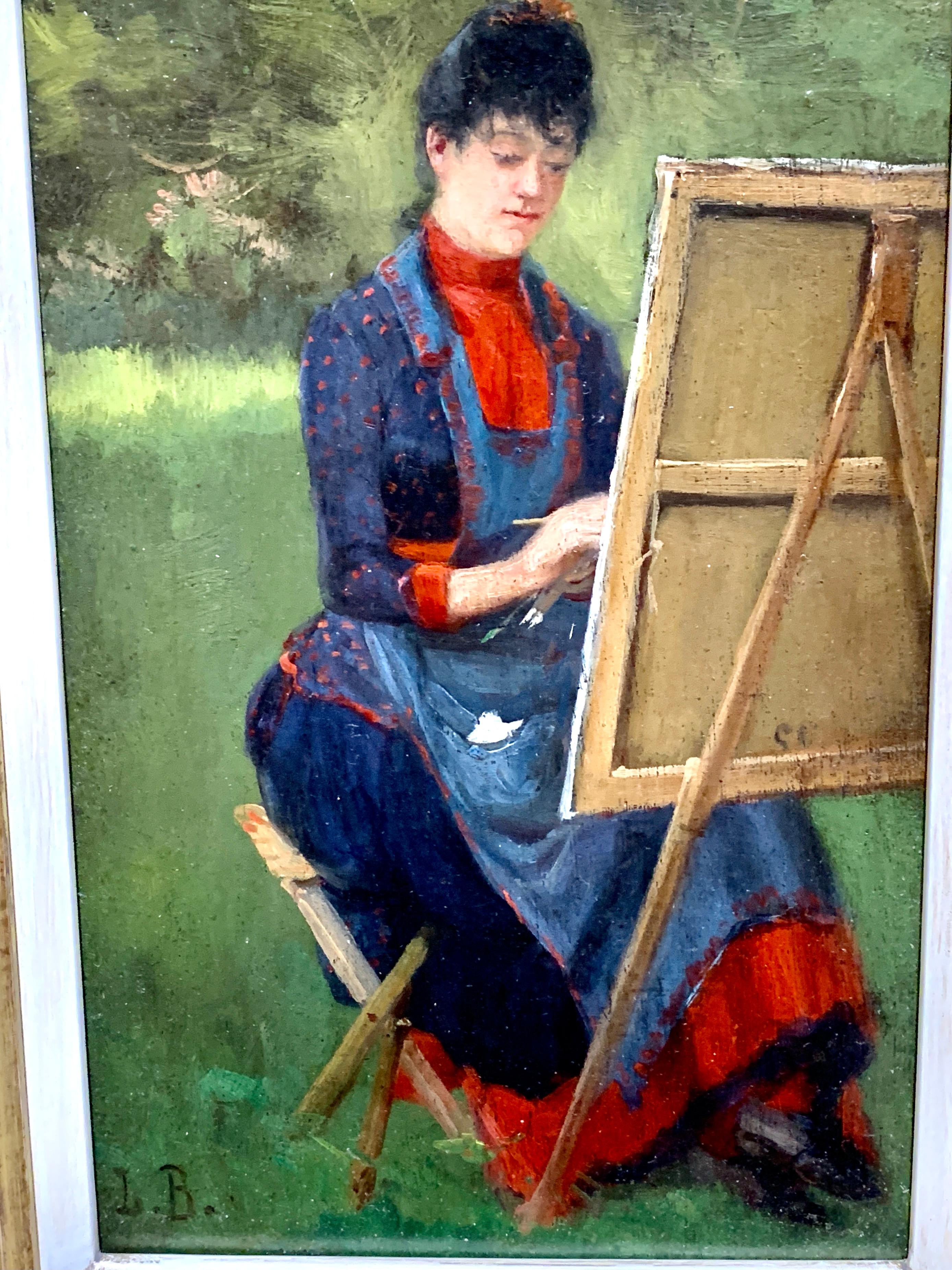 Étude d'une artiste féminine peignant par son chevalet dans un paysage - Victorien Painting par Unknown