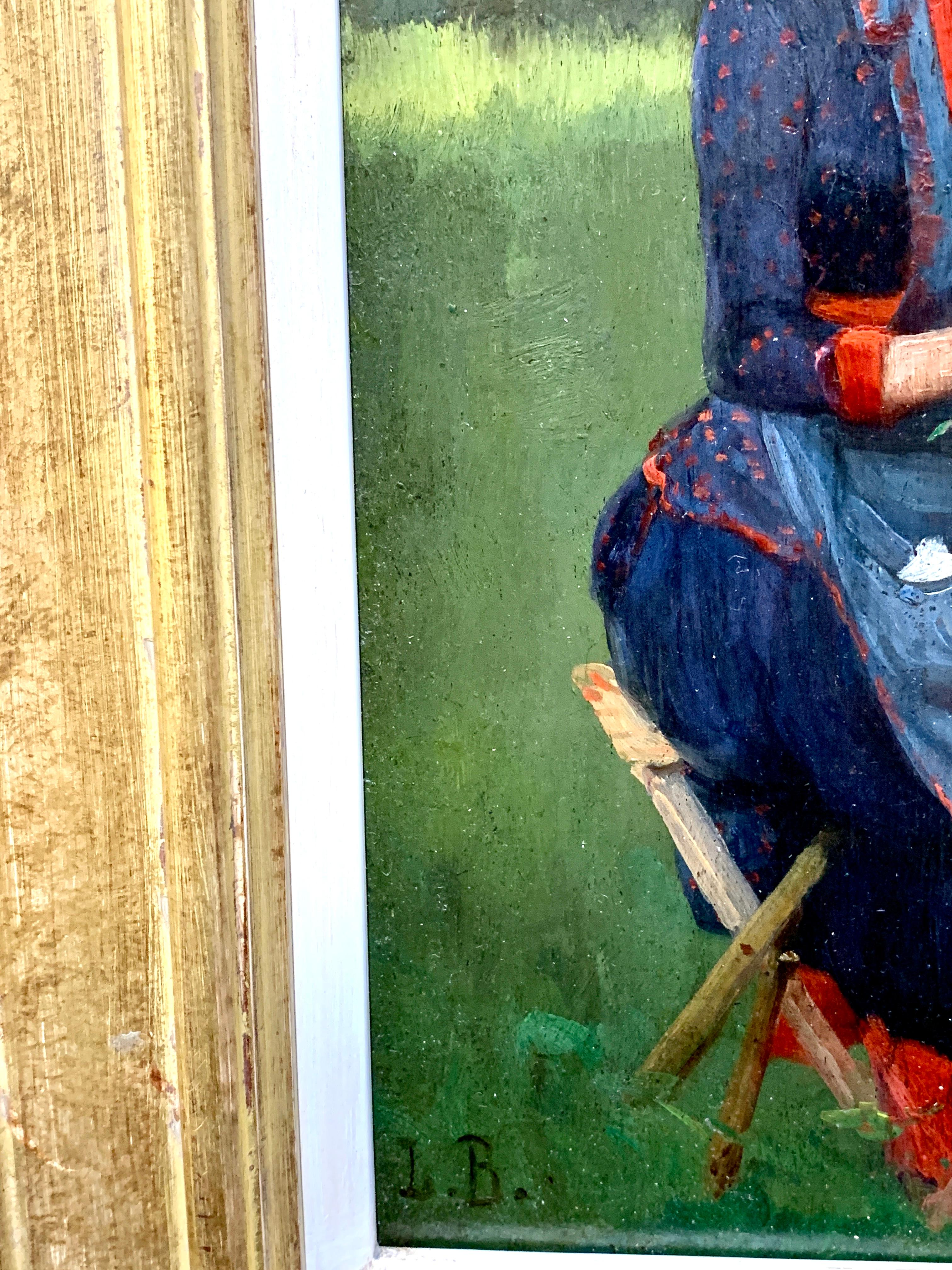 Étude d'une artiste féminine peignant par son chevalet dans un paysage - Marron Figurative Painting par Unknown