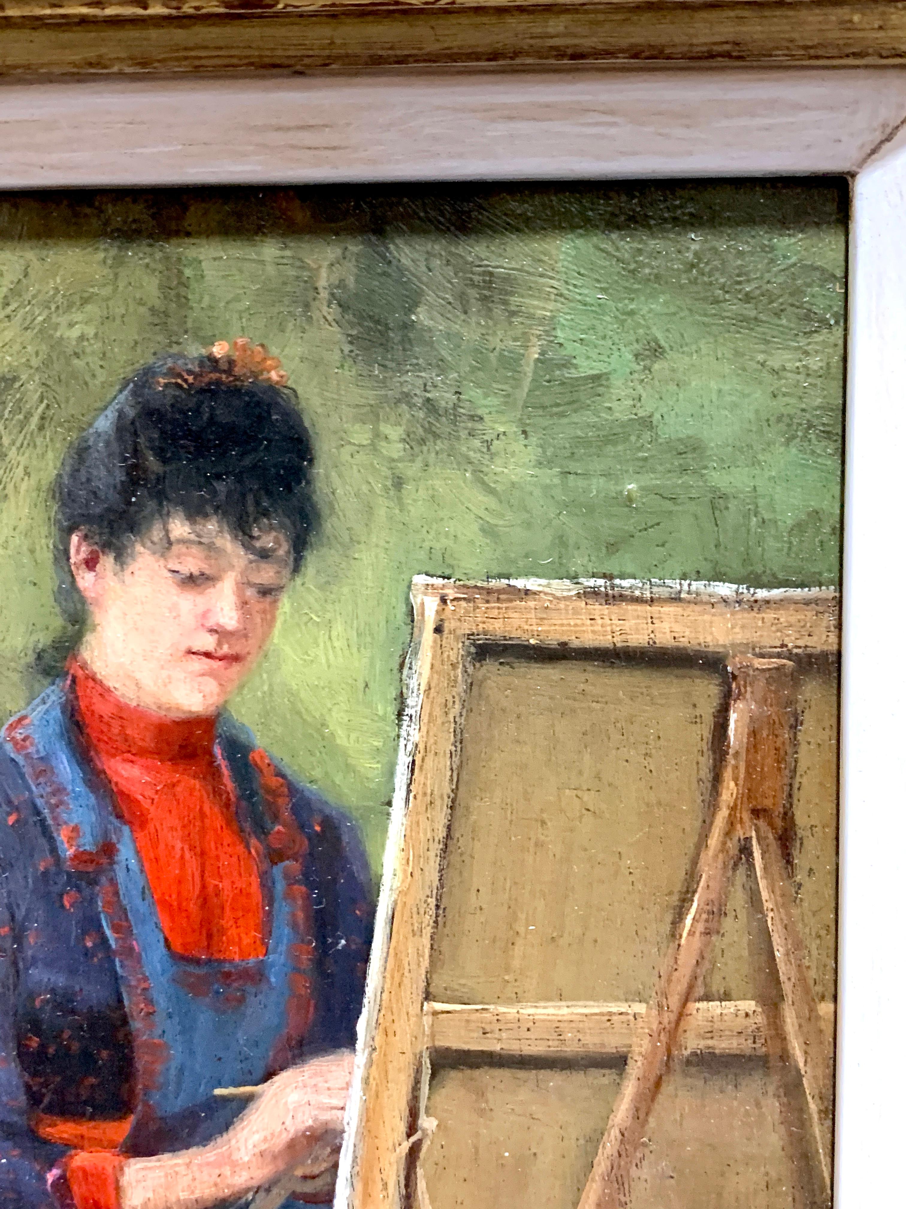 Study of a Woman artist painting by her easel in a landscape - Victorian Painting by Unknown