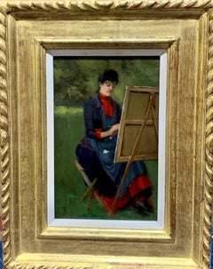 Estudio de una Mujer artista pintando junto a su caballete en un paisaje