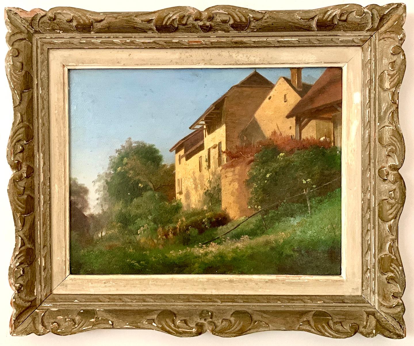 19th century French School Landscape Painting - 19th century French traditional and Impressionist landscape with farmhouse