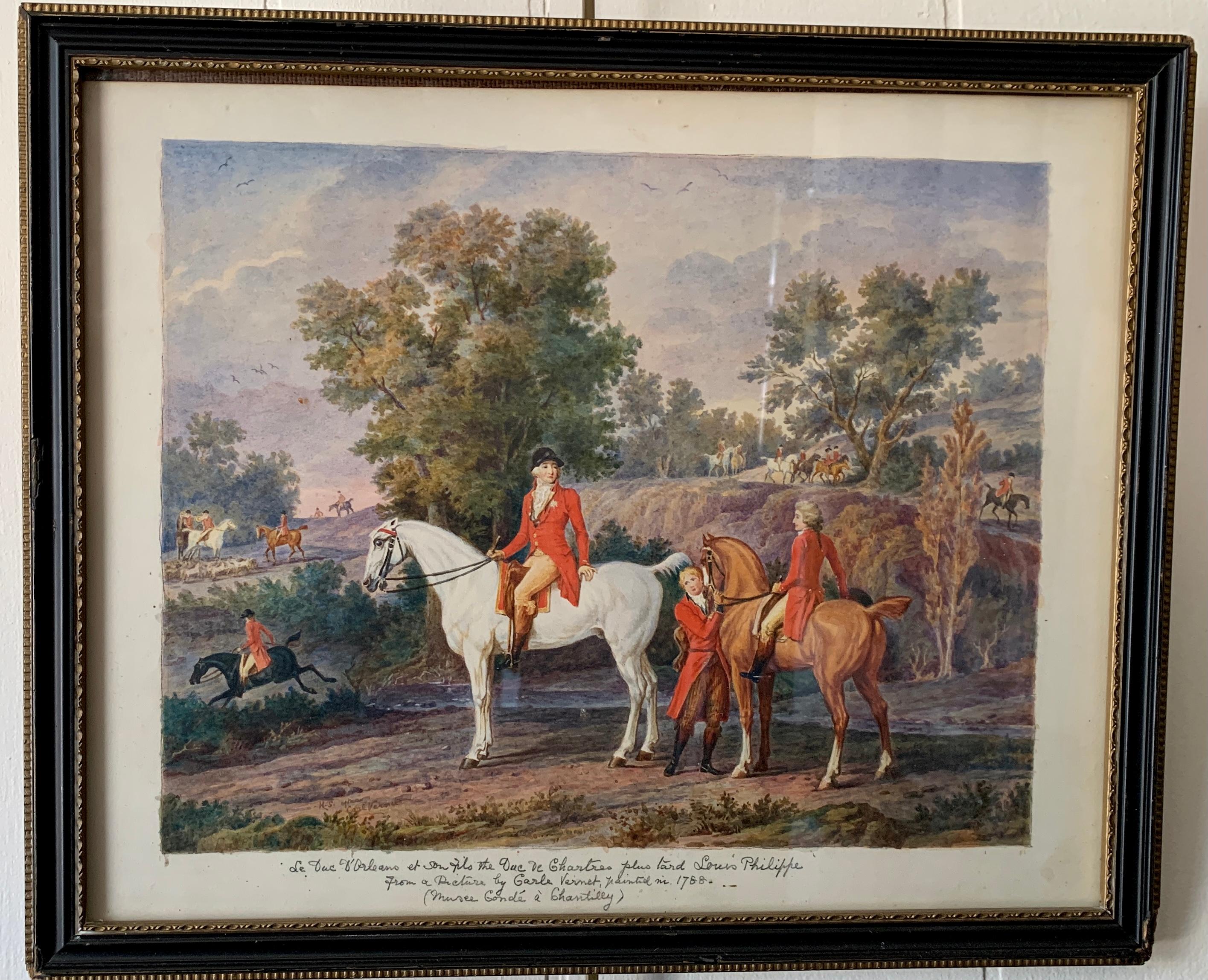 Unknown Figurative Painting - 19thC  portrait of the Duc De Chartres and Louis Philippe with their horses