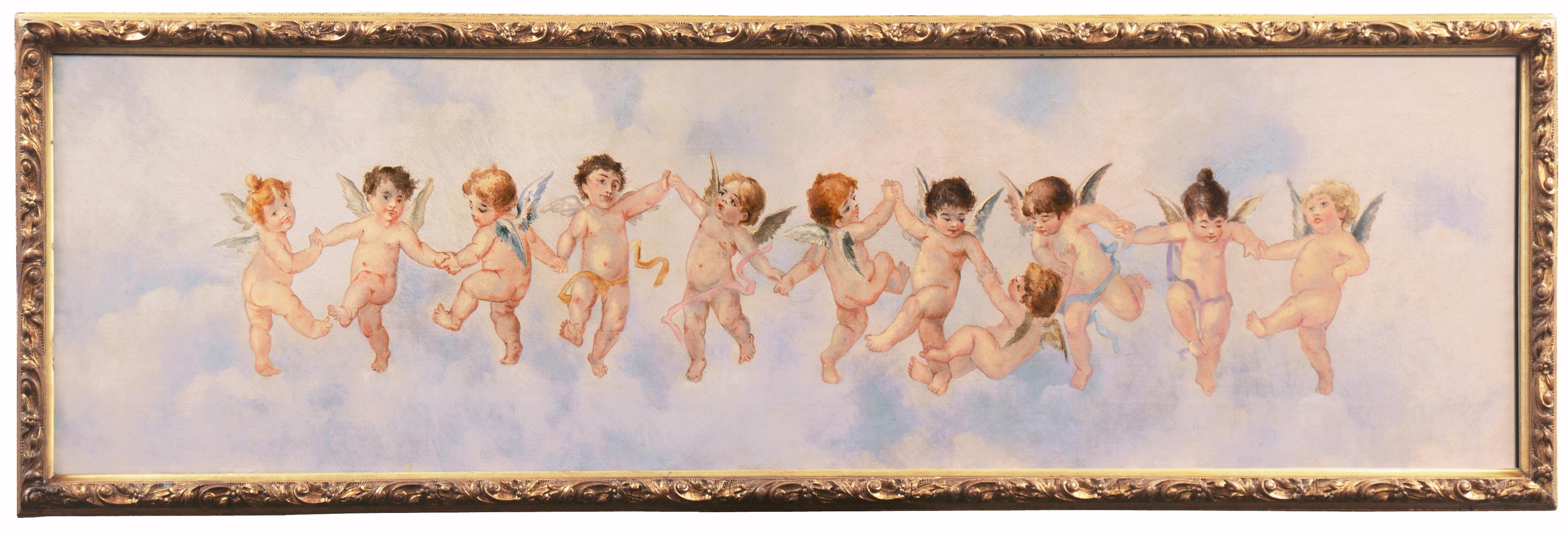 Querubines danzando en las nubes', Óleo de la Escuela Francesa, Querubines, Estilo de Boucher - Painting de 19th century French School