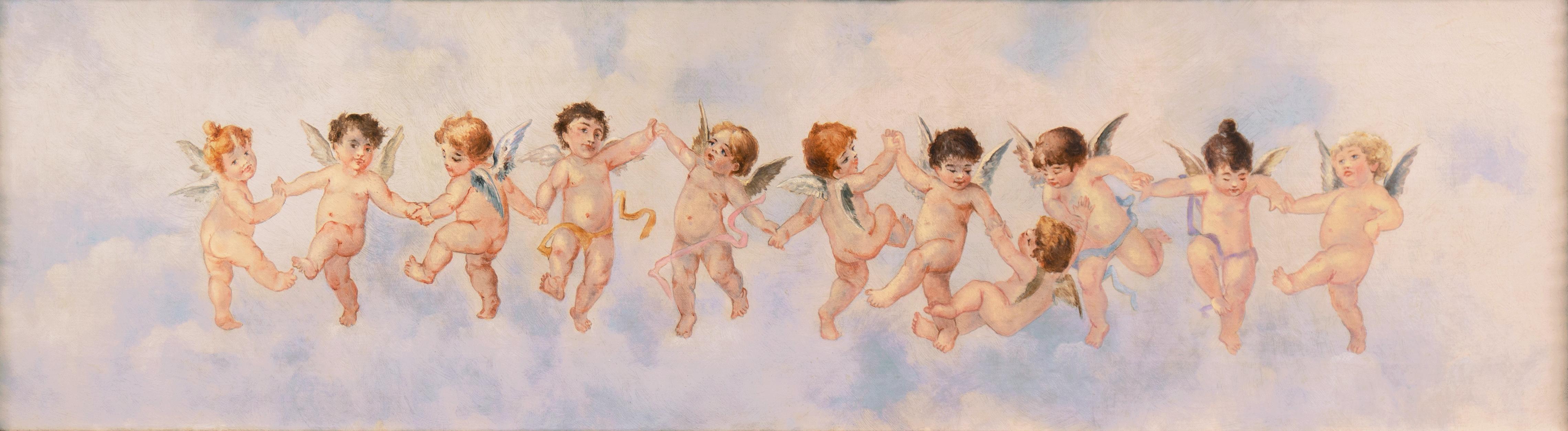 Querubines danzando en las nubes', Óleo de la Escuela Francesa, Querubines, Estilo de Boucher - Painting Realista de 19th century French School