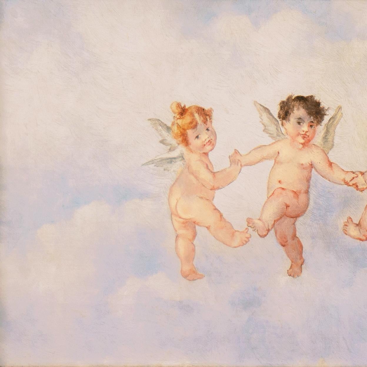 Querubines danzando en las nubes', Óleo de la Escuela Francesa, Querubines, Estilo de Boucher - Nude Painting Beige de 19th century French School