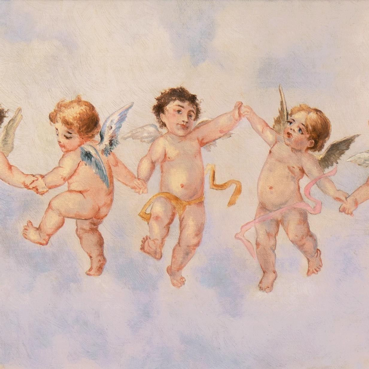 Atractivo óleo figurativo de la Escuela Francesa de finales del siglo XIX que muestra una hilera de querubines ligeros de corazón
bailando alegremente sobre un fondo de nubes cargadas de luz. 

Dimensiones enmarcado: 12 A x 39,5 A x 1,5 P pulgadas