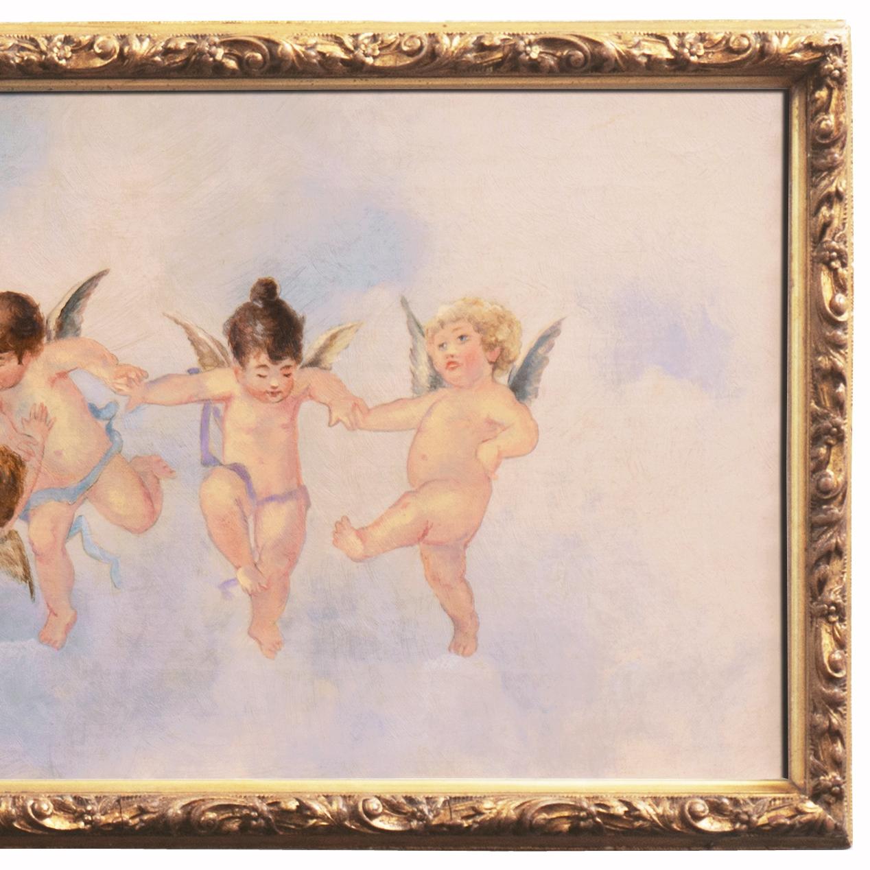 Querubines danzando en las nubes', Óleo de la Escuela Francesa, Querubines, Estilo de Boucher 1