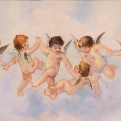 Antique 'Cherubs Dancing in the Clouds', French School Oil, Cherubim, Style of Boucher