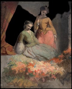 Raffinata pittura ad olio del XIX secolo di una scena romantica francese di un interno di un'elegante signora