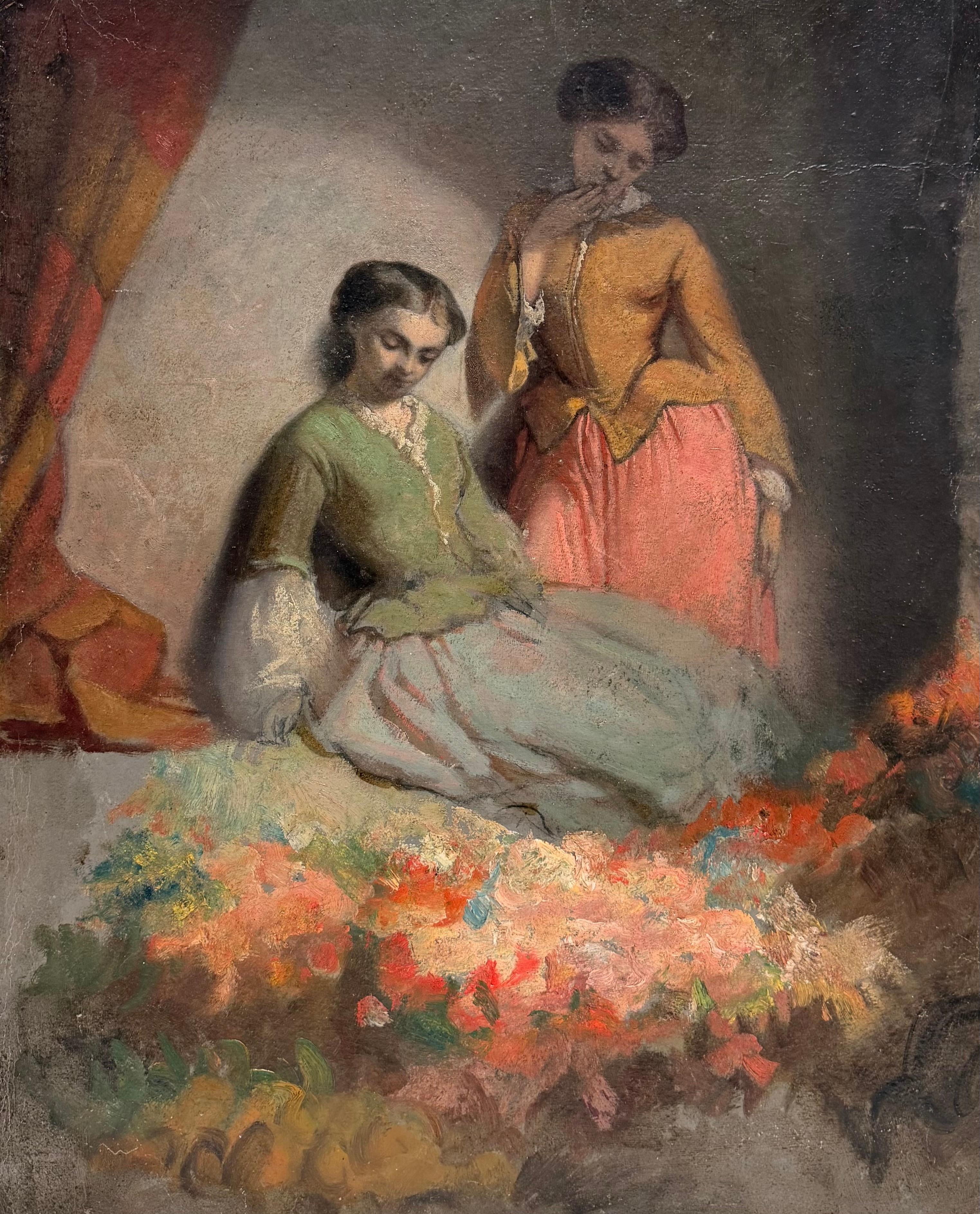 Belle peinture à l'huile romantique française du 19e siècle - Scène d'intérieur - Dames élégantes