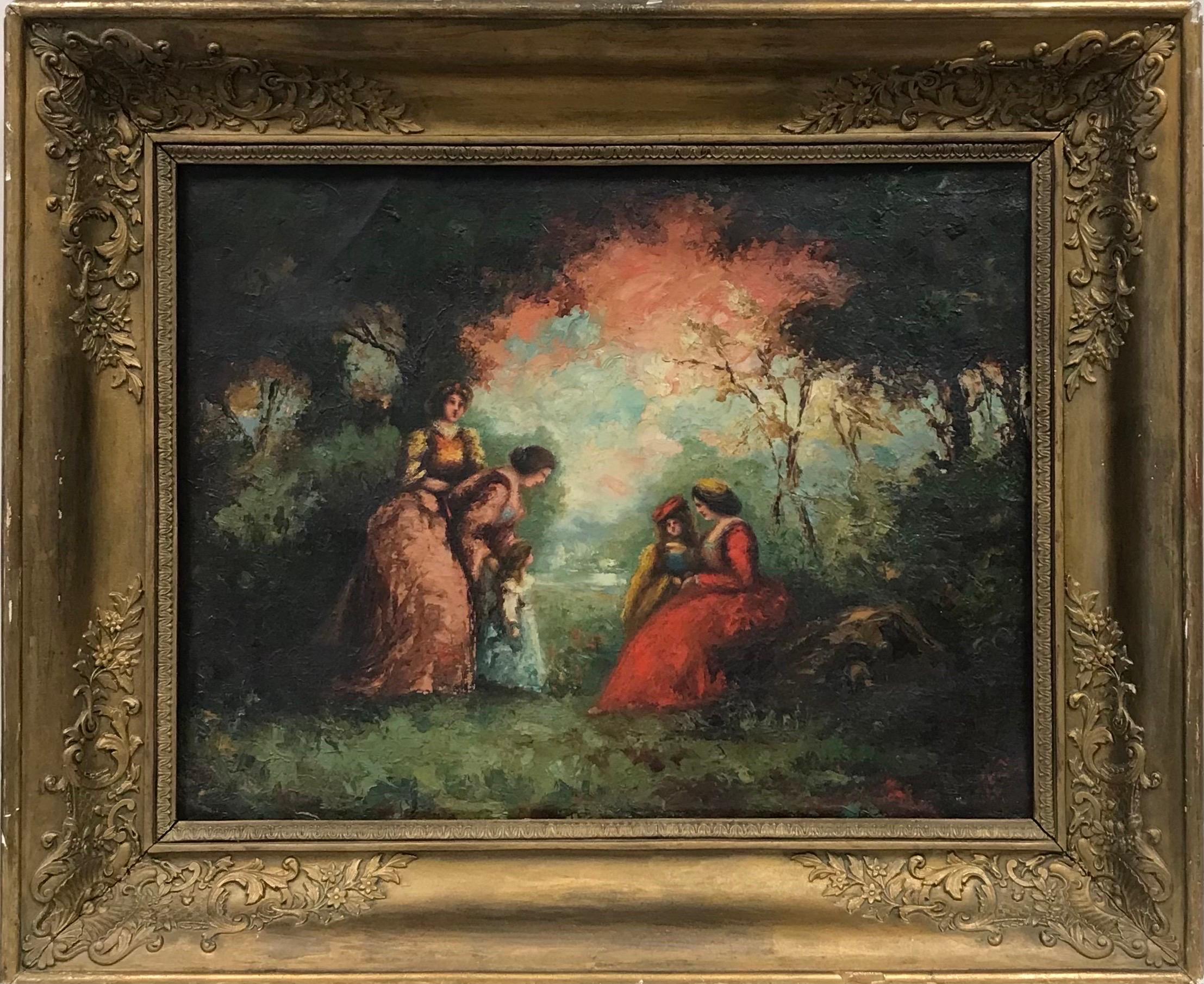 19th century French School Figurative Painting - Fine Antique French Oil Elegant Ladies in Sunlit Woodland, Superb Gilt Frame
