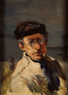 Man with Pipe - 19th Century French Impressionist Smoking Portrait Oil Painting