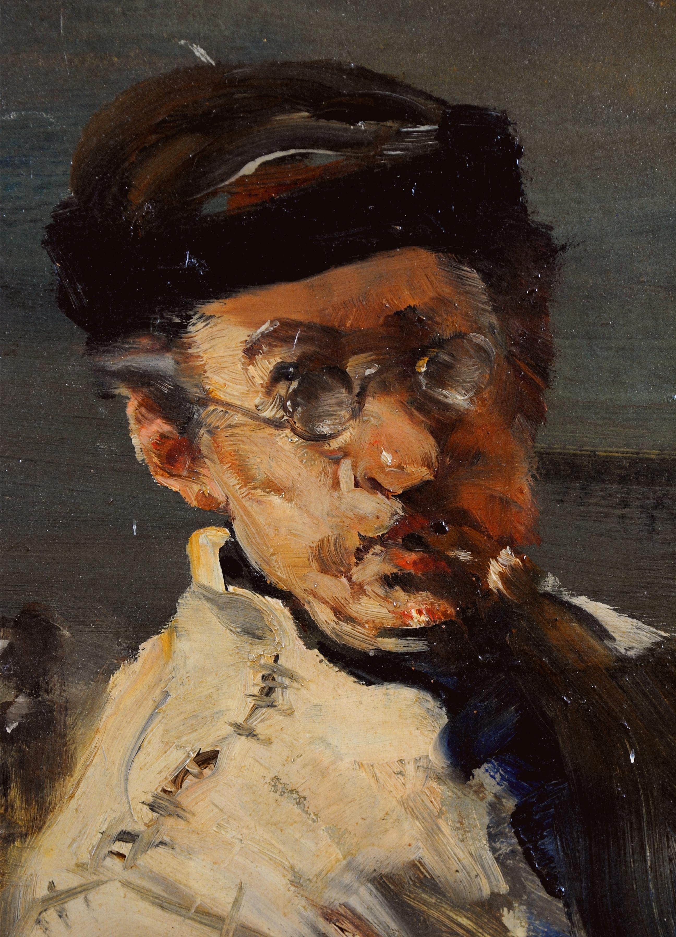 A superb late 19th century French impressionist oil on board portrait of a man with a pipe. Painted with short and fast brush strokes by a highly competent artist.

A striking period portrait of the man wearing glasses and a black hat. The work is
