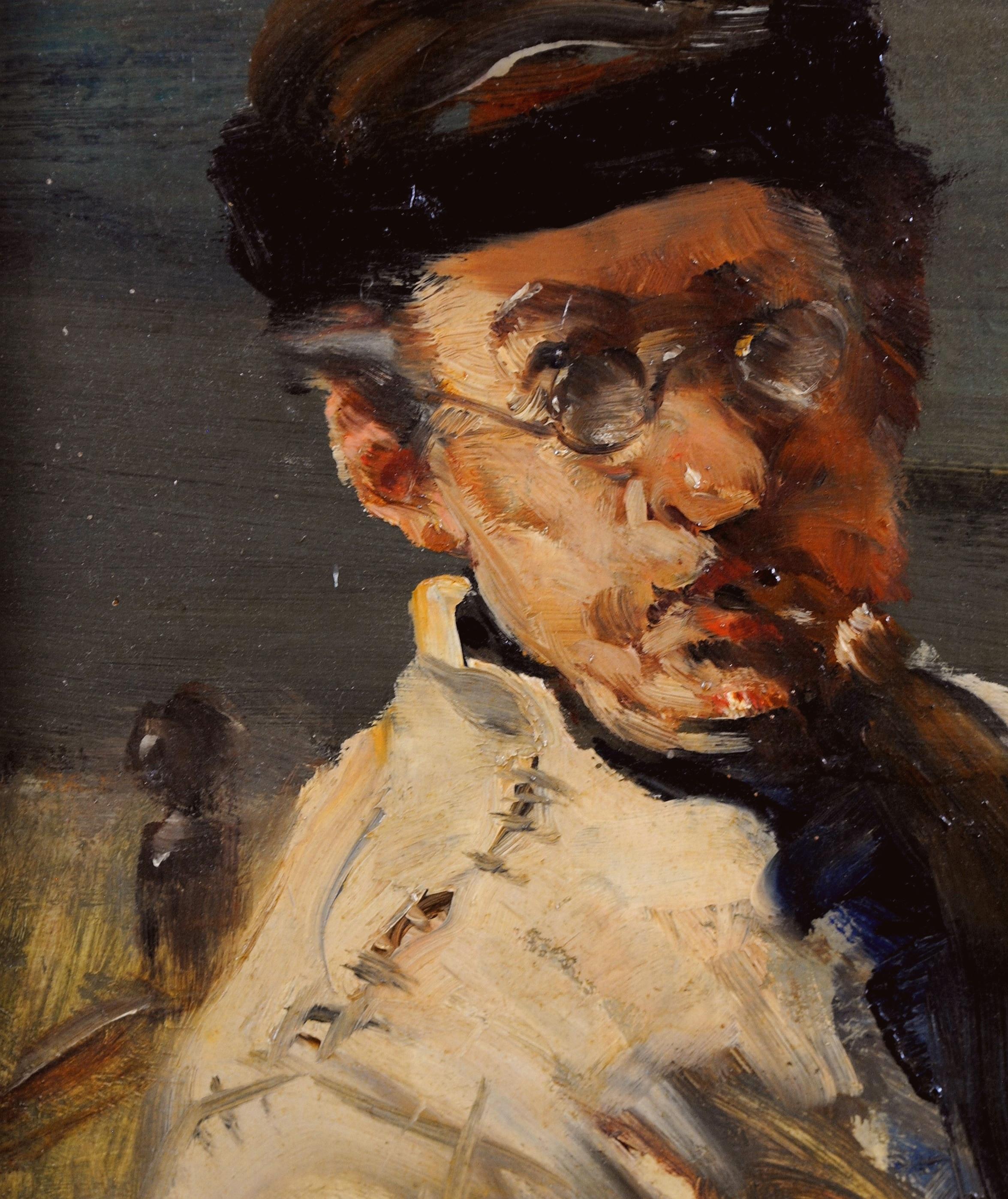 Man with Pipe - 19th Century French Impressionist Smoking Portrait Oil Painting For Sale 1
