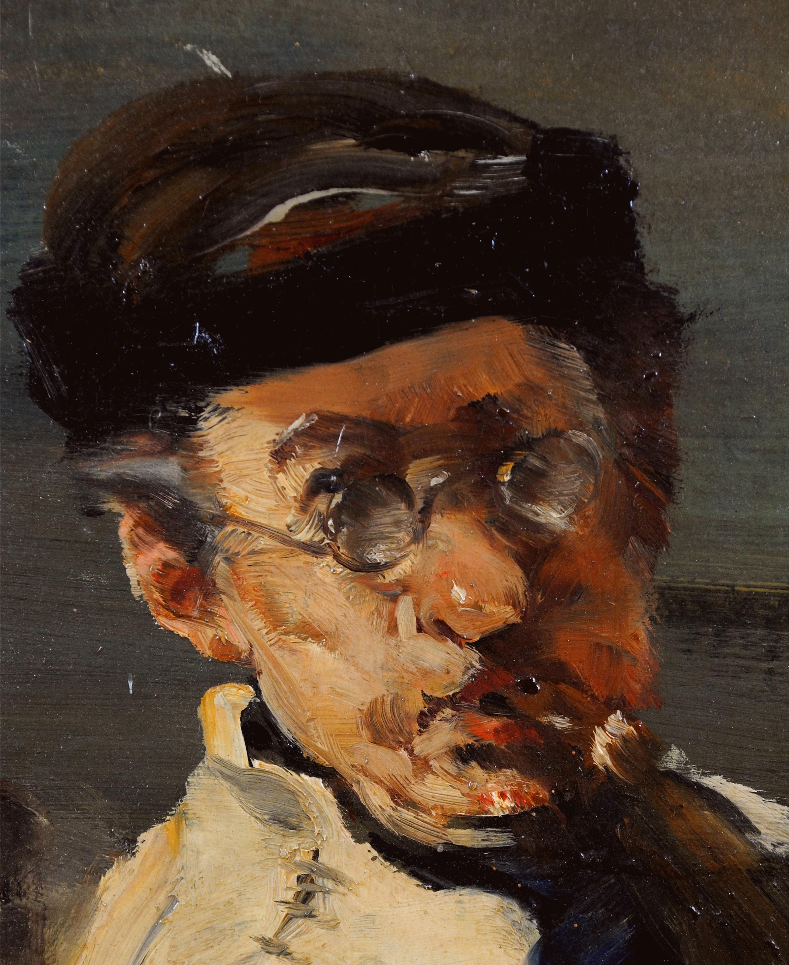 Man with Pipe - 19th Century French Impressionist Smoking Portrait Oil Painting For Sale 2