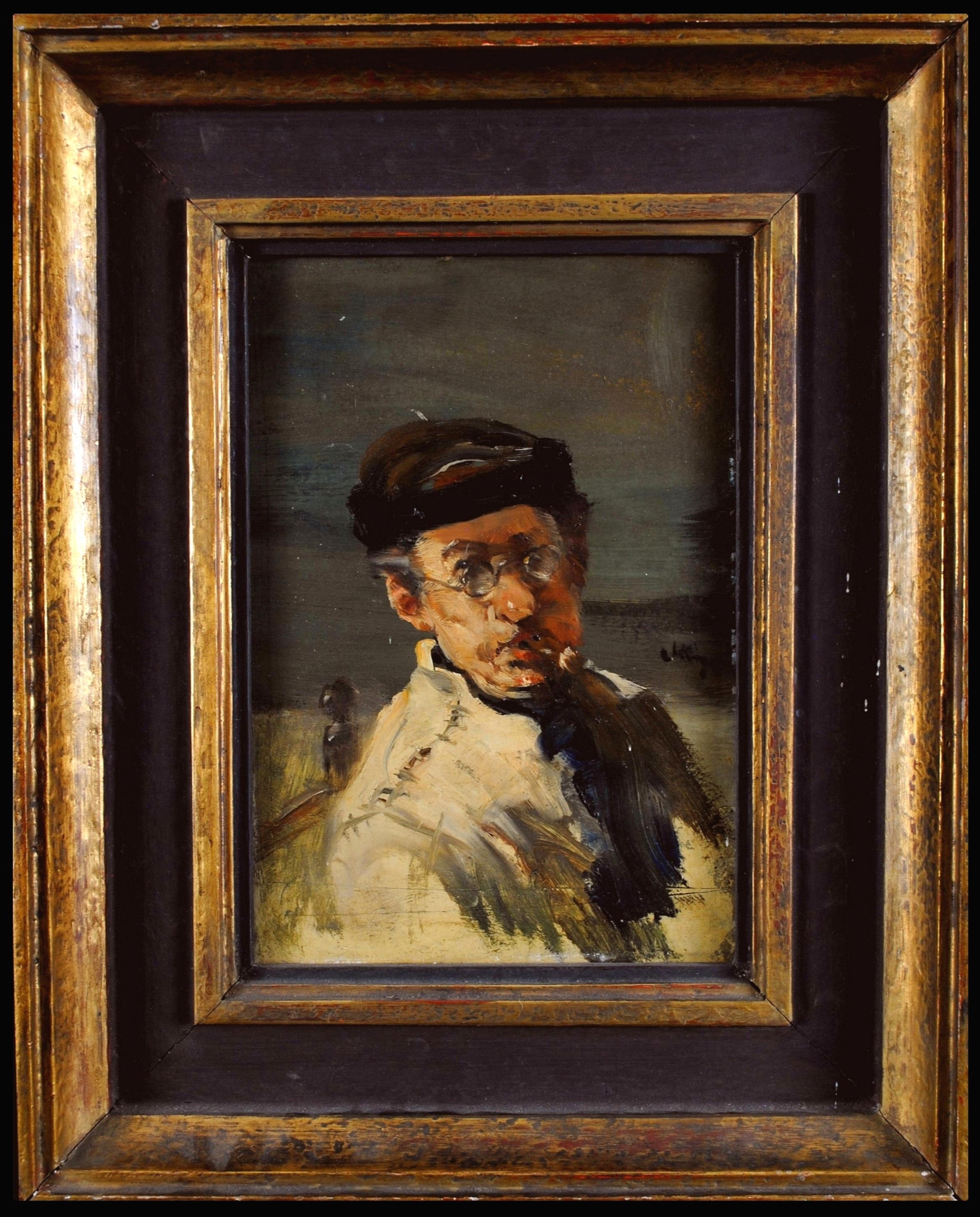 Man with Pipe - 19th Century French Impressionist Smoking Portrait Oil Painting